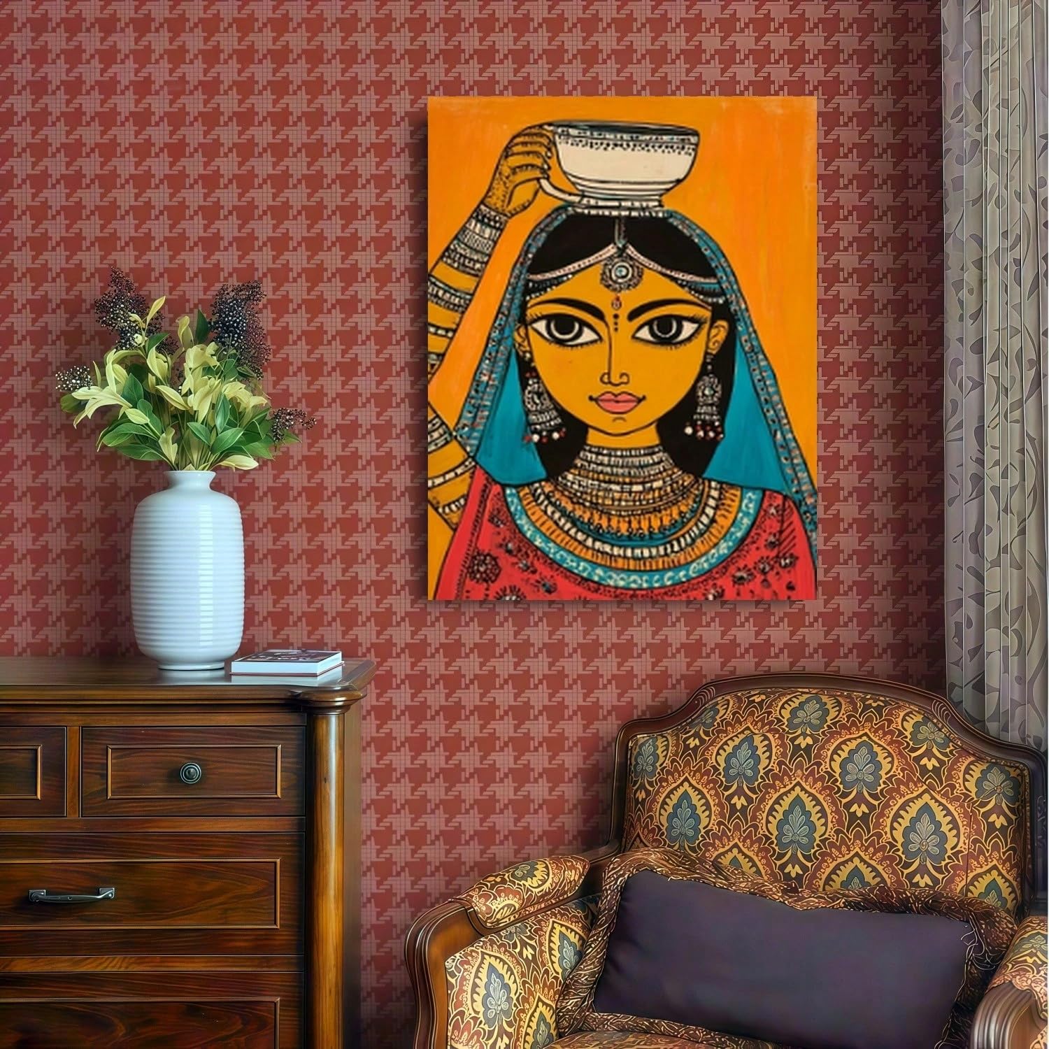 TZKBDMA Canvas Poster Print Wall Art Canvas Painting, Simple And Minimalistic Madhubani Painting Of An Woman(21x30cm/Without frame)