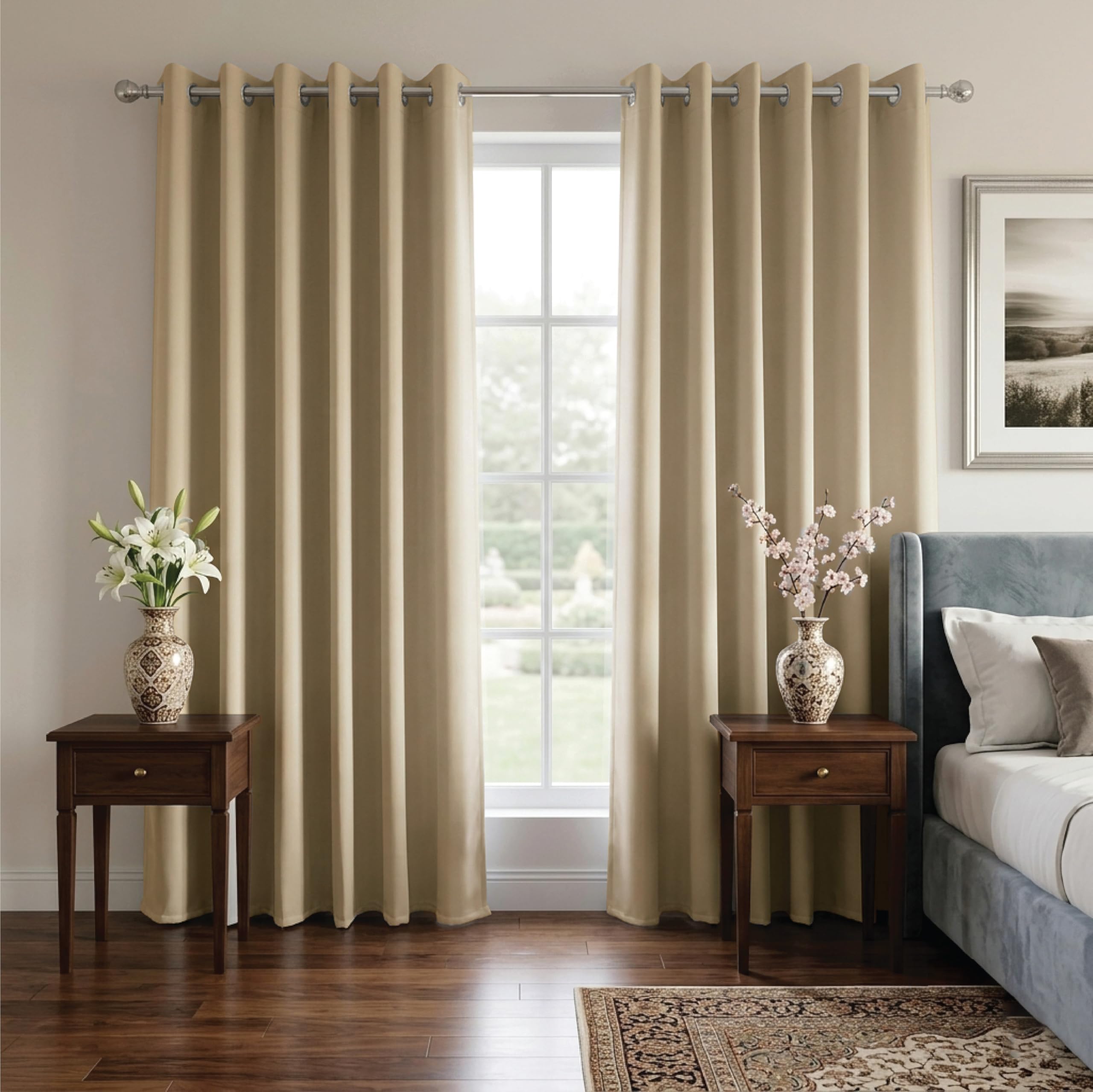 Ev Dekor® EVCRTN01 Thermal Blackout Curtains for Bedroom, Offices, Hotels Windows 90"(228cm) Wide X 54"(137cm) Long, Beige - 2 Panels with Tie Backs