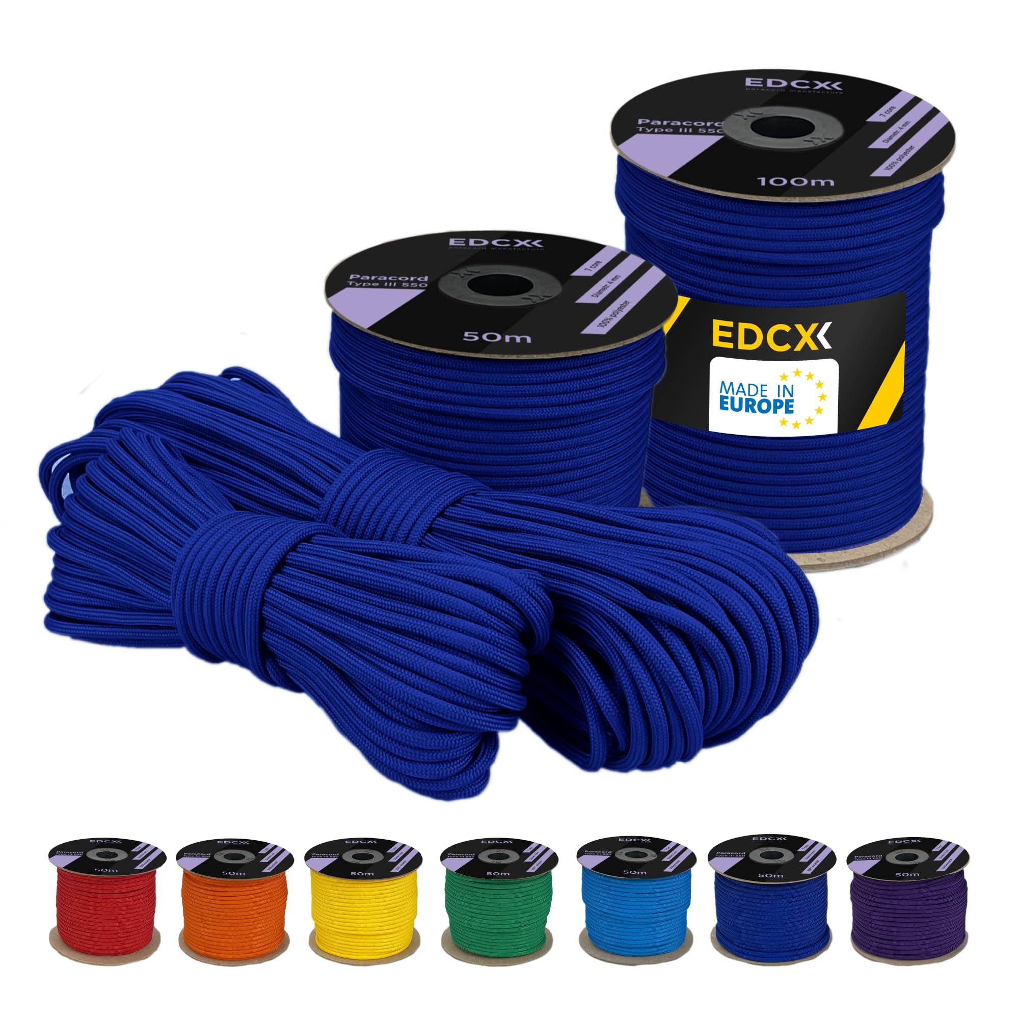 EDCX 4 mm Polyester Paracord 550 (15, 30 and 50 m) – 4 mm Type III, Tear-Resistant Parachute Cord for Survival Made of 100% Polyester with 7 Wires | Solid Colours (Blue, 15 m)
