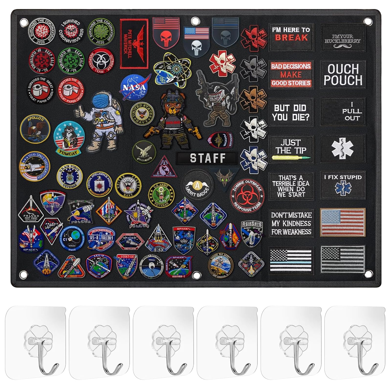Panel Táctico para Parches 60x45 cm Negro con 6 Ganchos Plegable