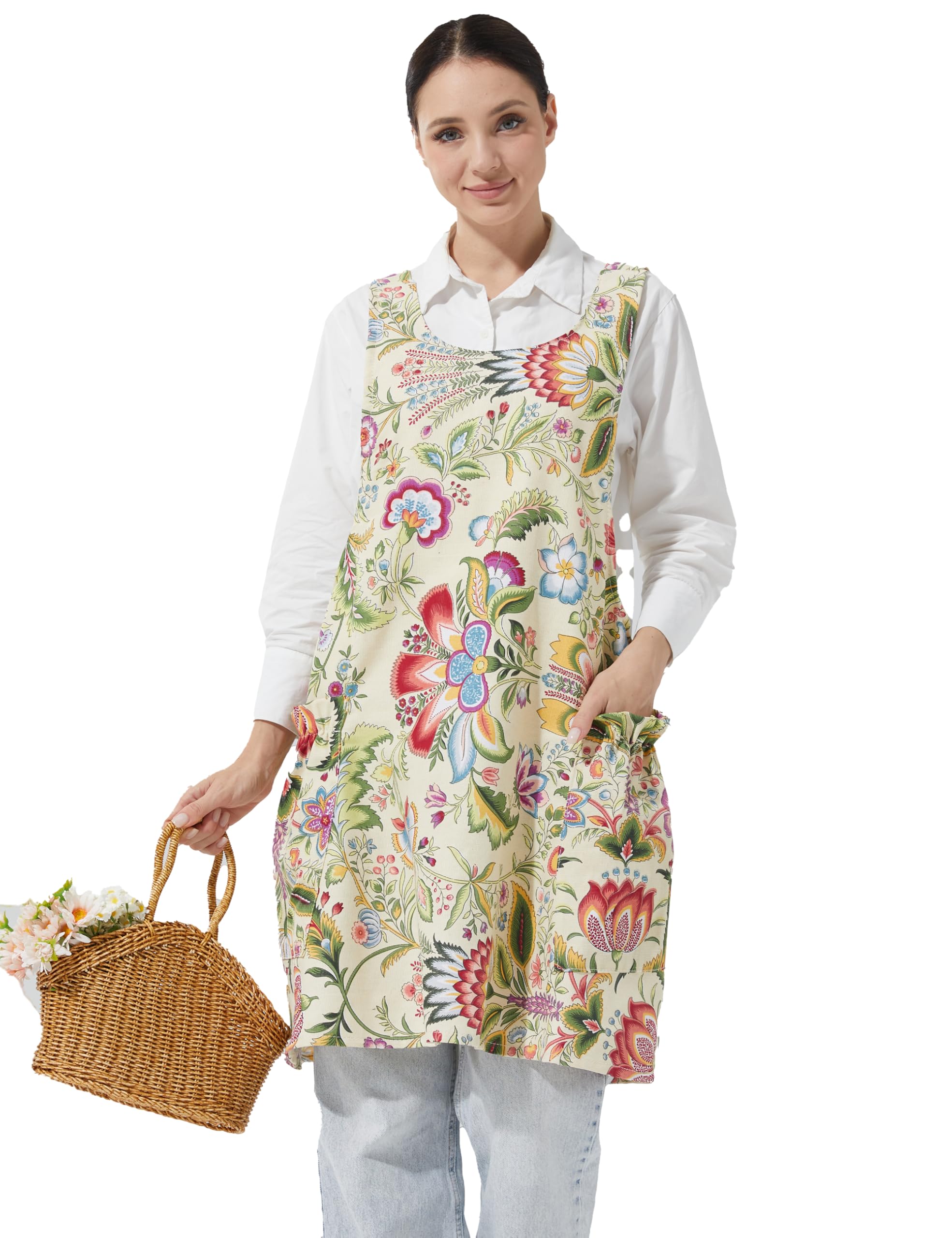 Cozy Adjustable Cross Back Aprons for Women with Pockets Cotton Linen Cooking Kitchen Baking