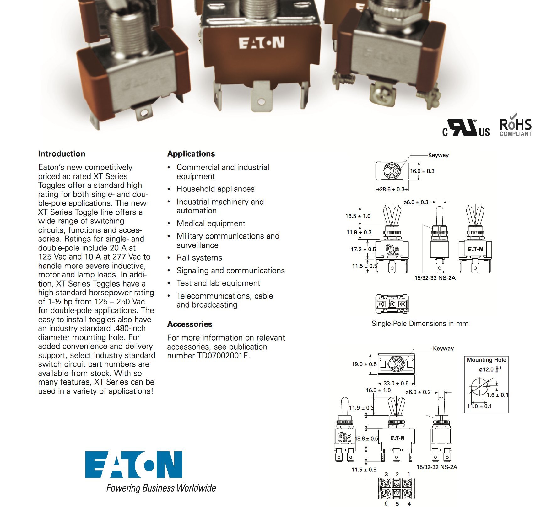 Eaton XTD1A1A2 (Pack of 4) Toggle Switch, Screw Termination, On-Off Action, SPST Contacts
