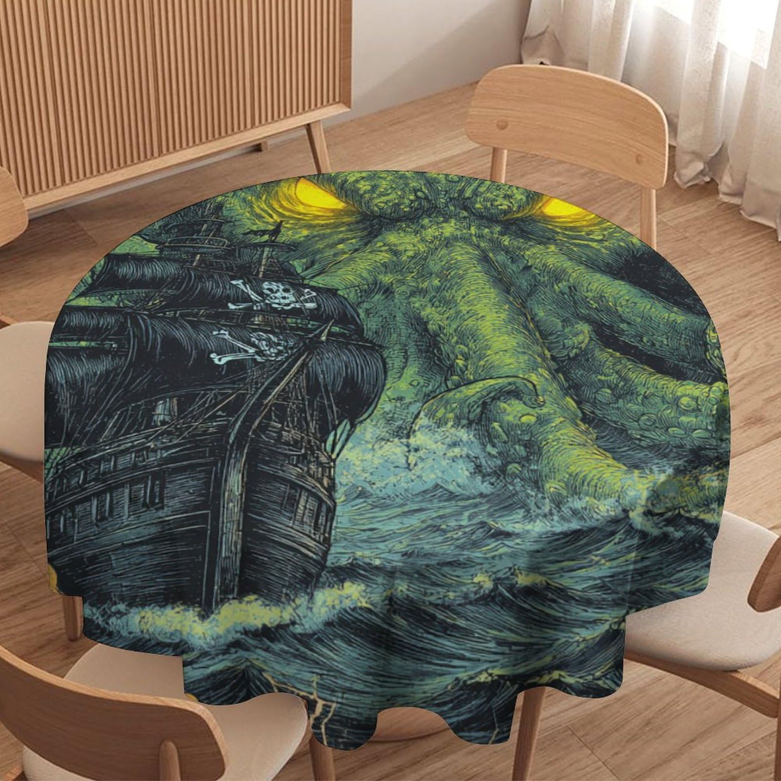 Luyysky Classic Nautical Sea Octopus Round Tablecloth Norse Oil Painting Animal Octopus Pirate Ship Skeleton Skull Washable Decor For Table Cover For Kitchen-127 Wx127 L Cm