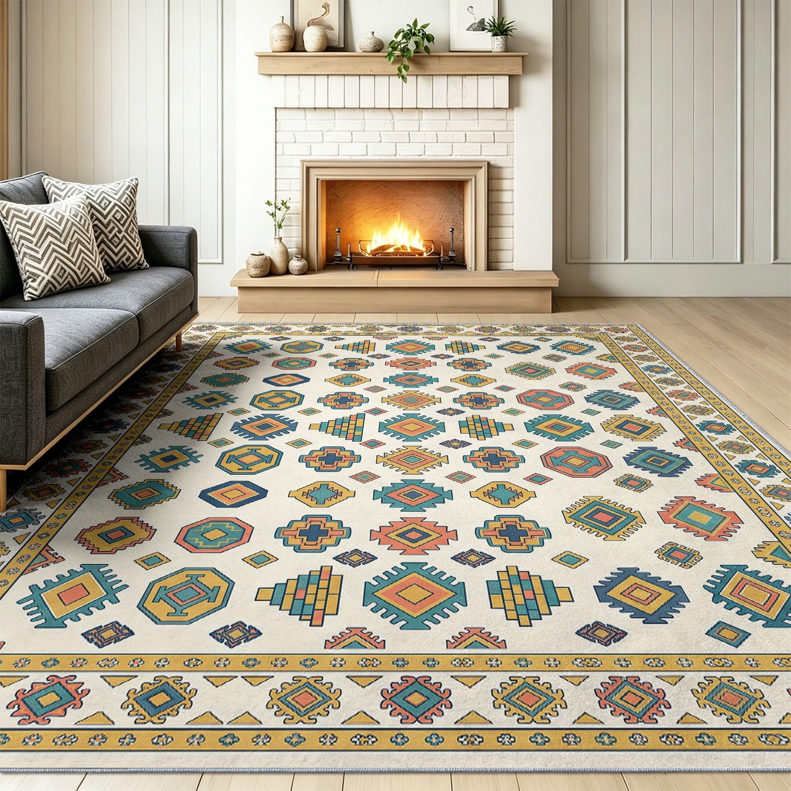 Tappeto bohémien per soggiorno beige, a pelo basso, vintage, tradizionale, etnico, geometrico, esagonale, lavabile, antiscivolo, 60 x 90 cm, grande, per camera da letto, sala da pranzo, ufficio