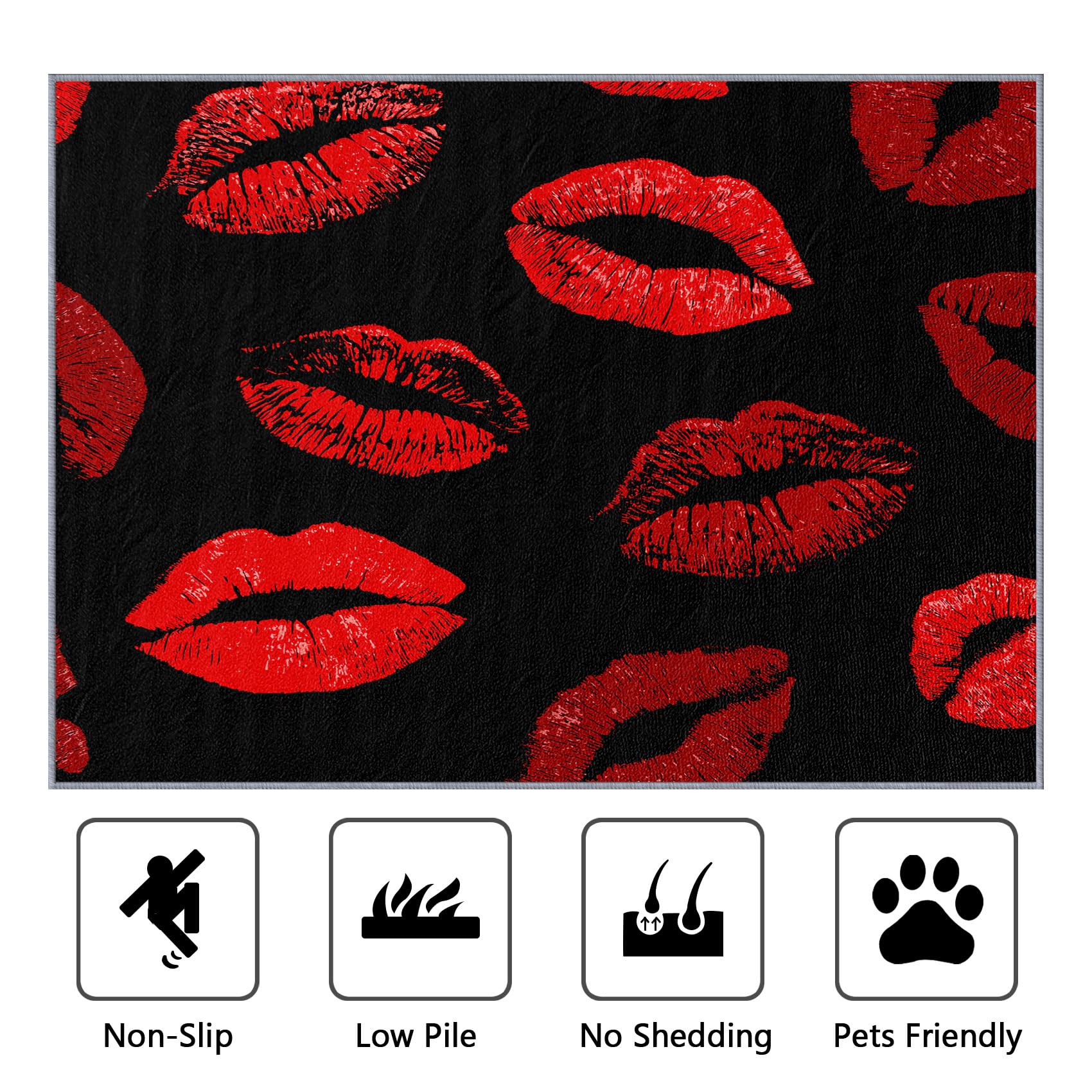 Lippen Teppich Waschbar, Sexy Rote Lippen Teppich 80x150 cm, Valentinstag Kuss Lippenstift rutschfest Waschbar Pflegeleicht Teppiche Für Schlafzimmer Küche, Schwarz Rot