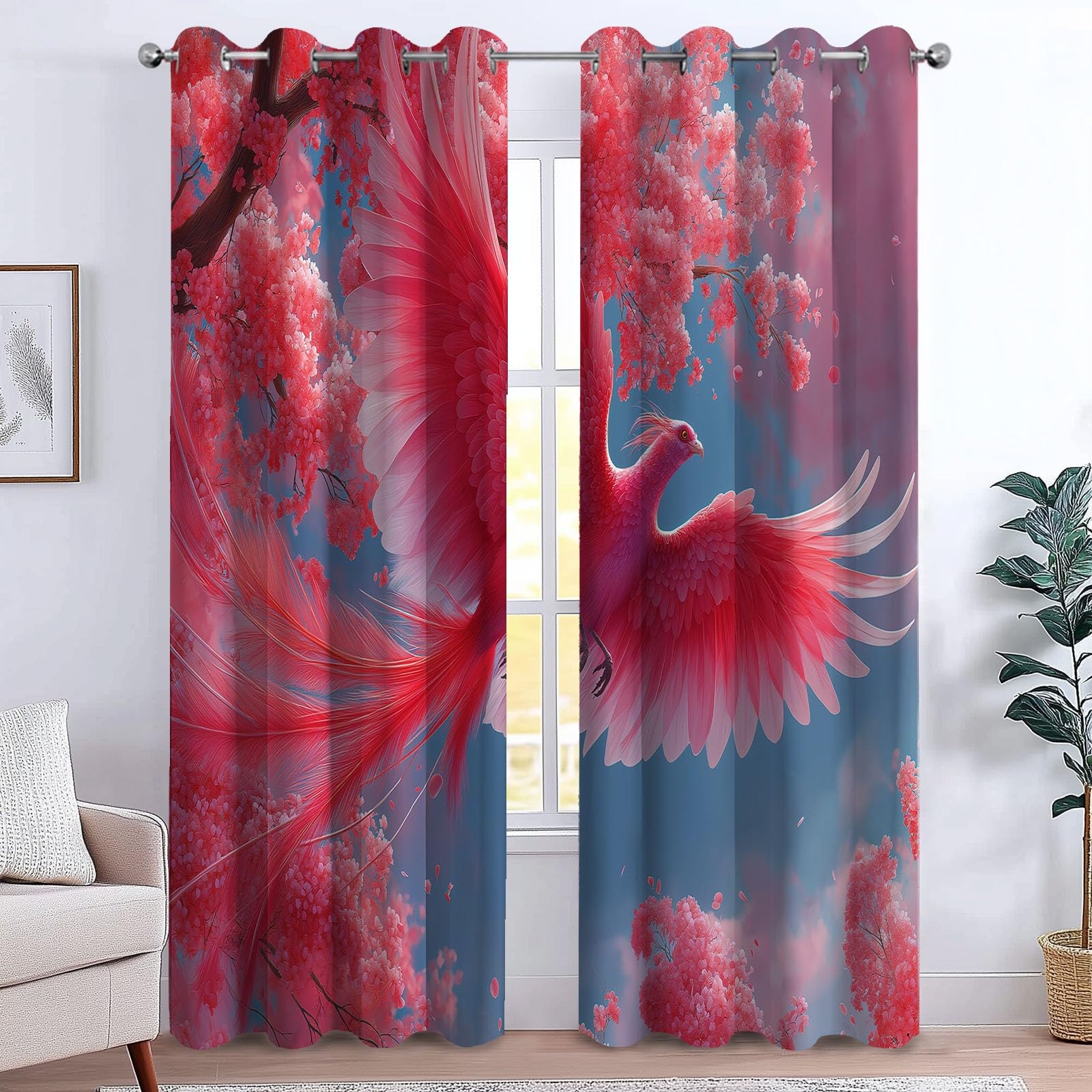 Generico 117 x 230 cm zestaw 2 paneli zasłon do wnętrz, wzór Feniks, kwiaty wiśni, nieprzezroczyste zasłony do sypialni, salonu, zaciemniające, niebieskie zasłony dla chłopców i dziewcząt