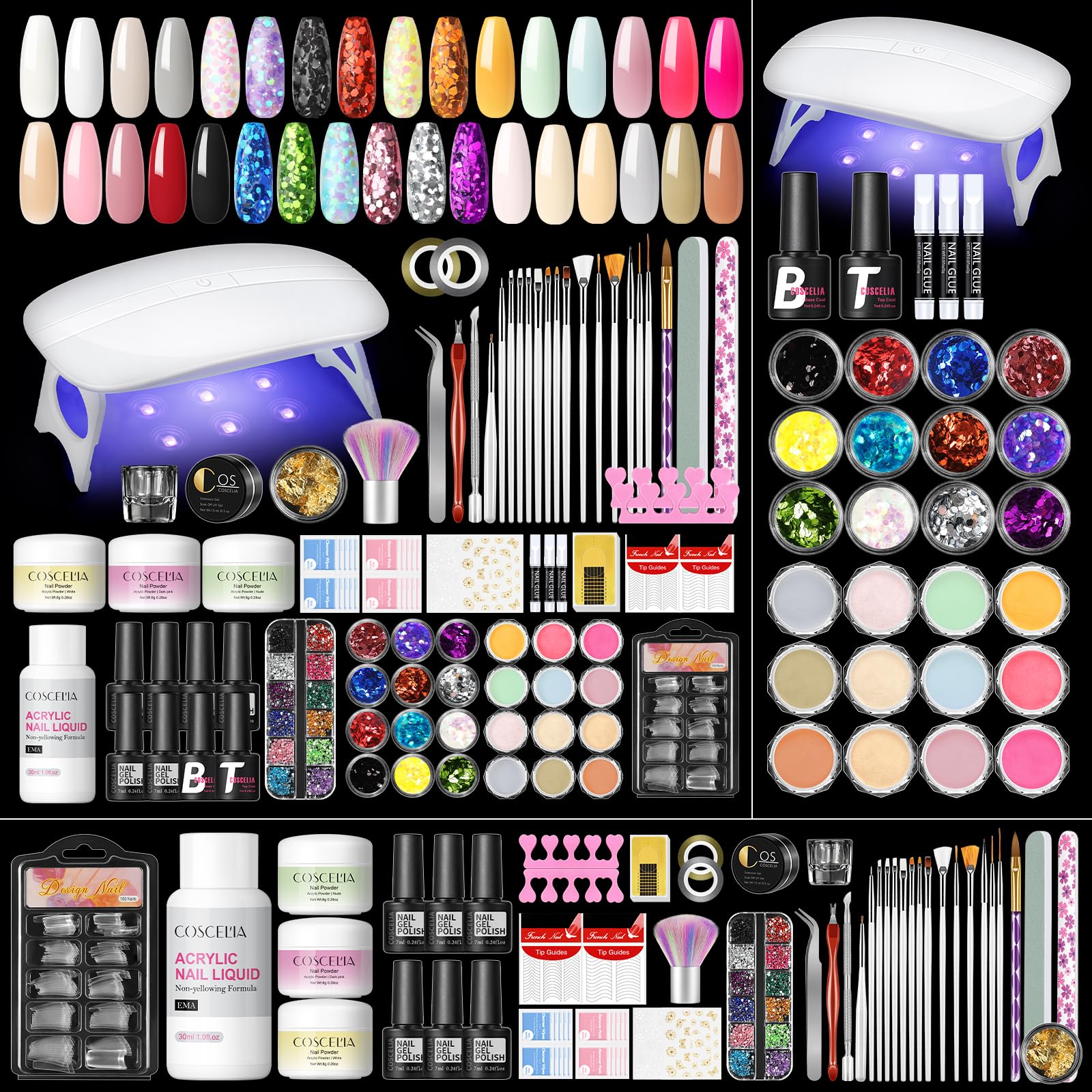 COSCELIA Kit Ongle Acrylique Complet,27 Couleurs Poudre Acrylique pour Ongles 6PCS Vernis Semi Permanent Vernis Poudre Decoration Nail Art Design Chablon Ongle Kit Cadeau pour Débutants