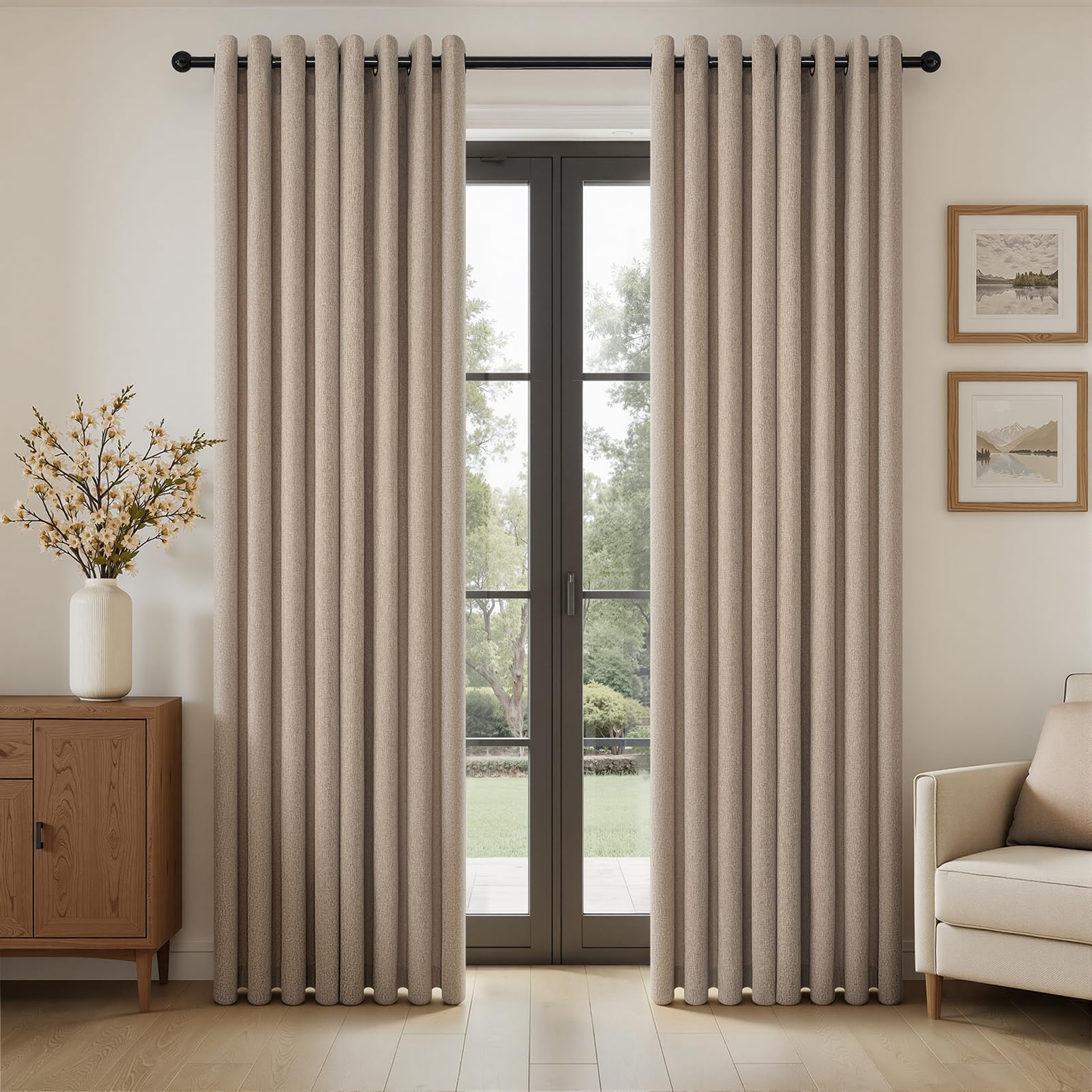 Topfinel Gardinen Boho Ösenvorhang 2er Textur aus Baumwolle und Leinen Gardinen mit Ösen Leinenvorhang Halbtransparent Linen Curtains for Wohnzimmer