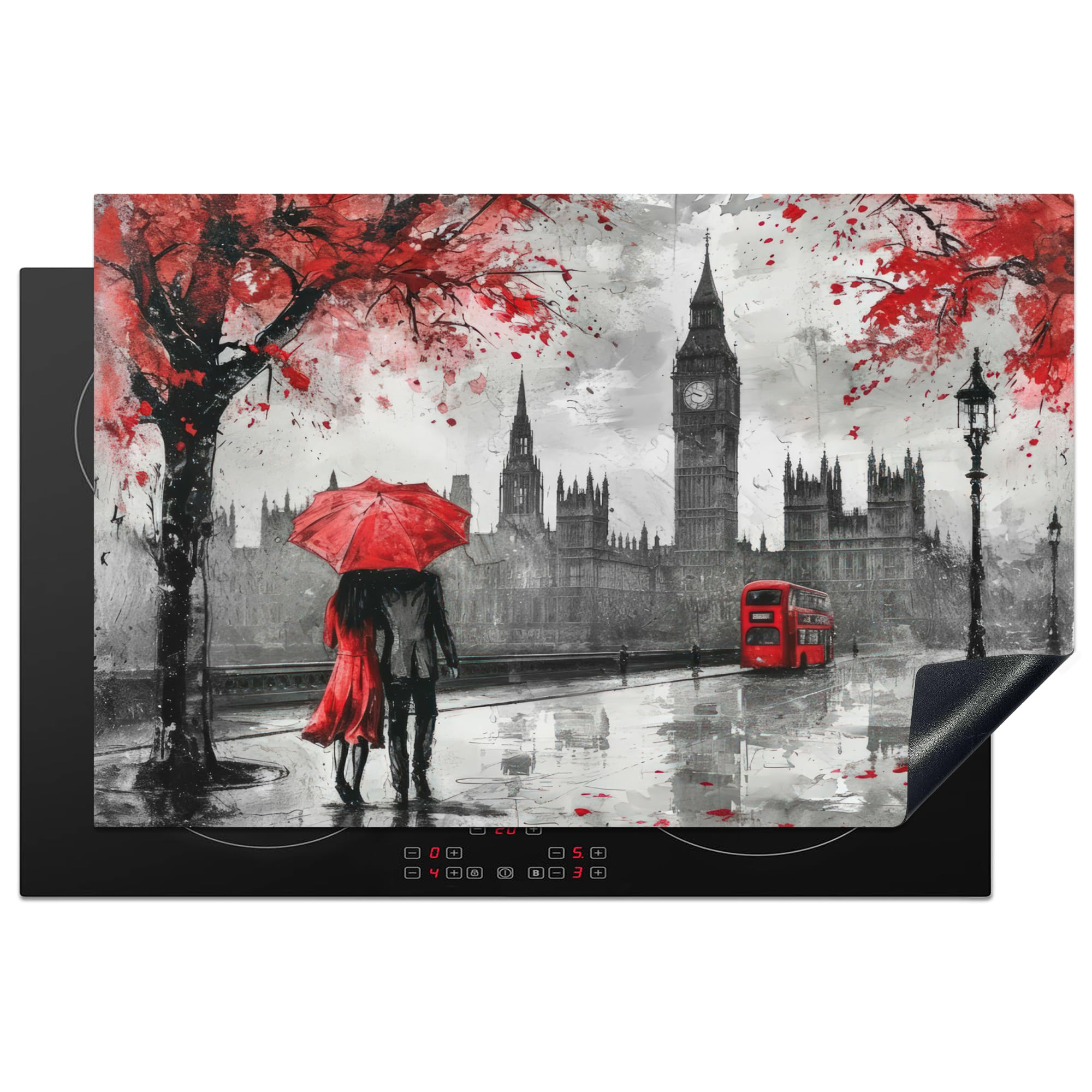 KitchenYeah© Induction Hob Protector Mat 20.5"x31.5" / 80x52 cm Cooker Top Protectors Cover Ceramic Covers Electric Hobs Vinyl London - Red - Black - Couple - Romantic — image 1