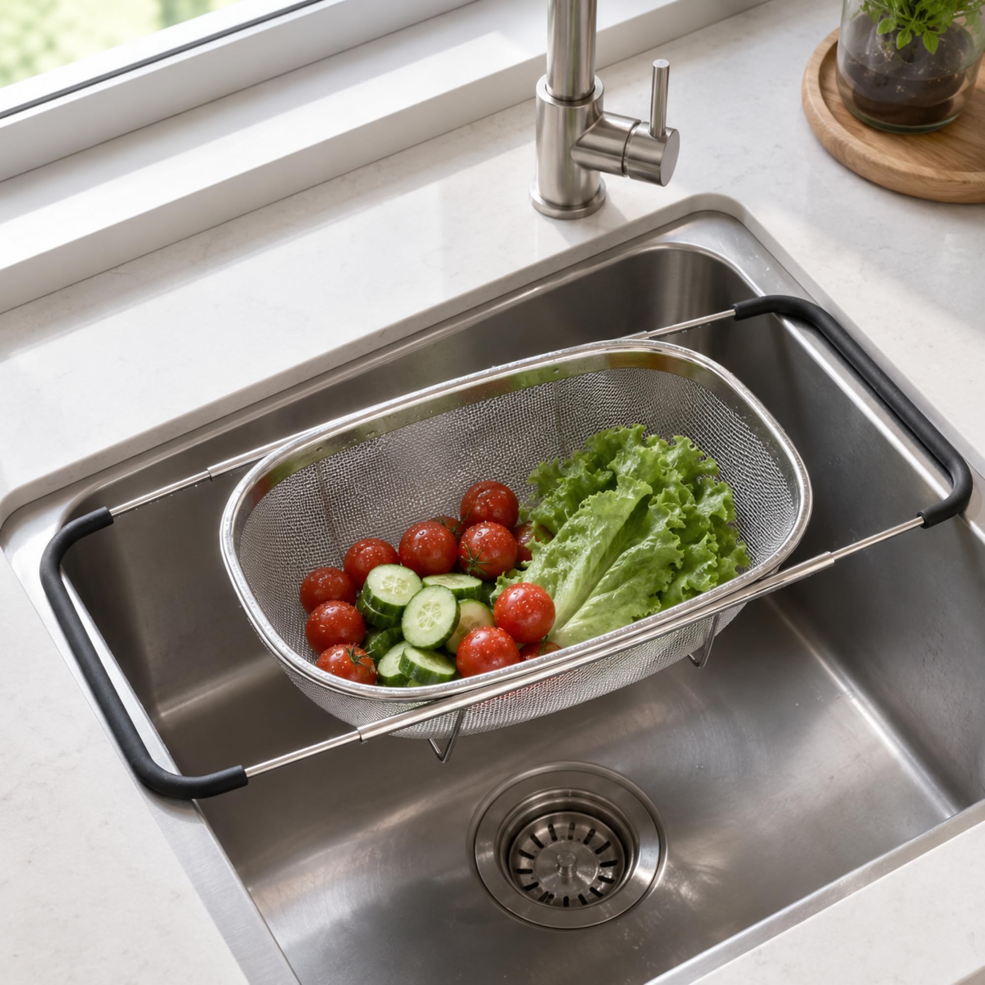 KADAX Scolapasta in acciaio inox per lavello, scolapasta con manici, colino da cucina per lavare e scolare frutta, verdura e pasta, filtro per lavello
