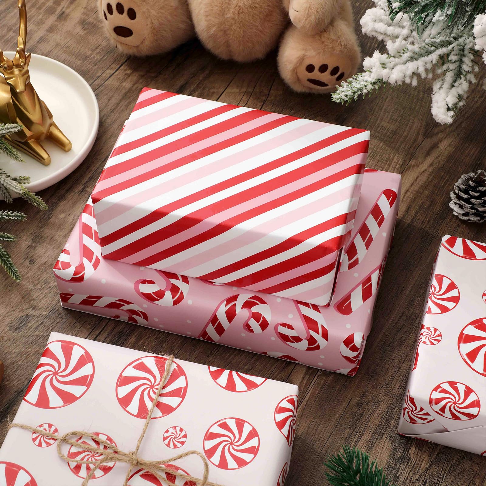 JarThenaAMCS Weihnachts-Geschenkpapier – Mini-Rolle – 43,2 cm x 5,2 m Zuckerstangen-Geschenkpapier, rot, rosa, dekoratives Kunstpapier für Weihnachten, Basteln, 3 Rollen