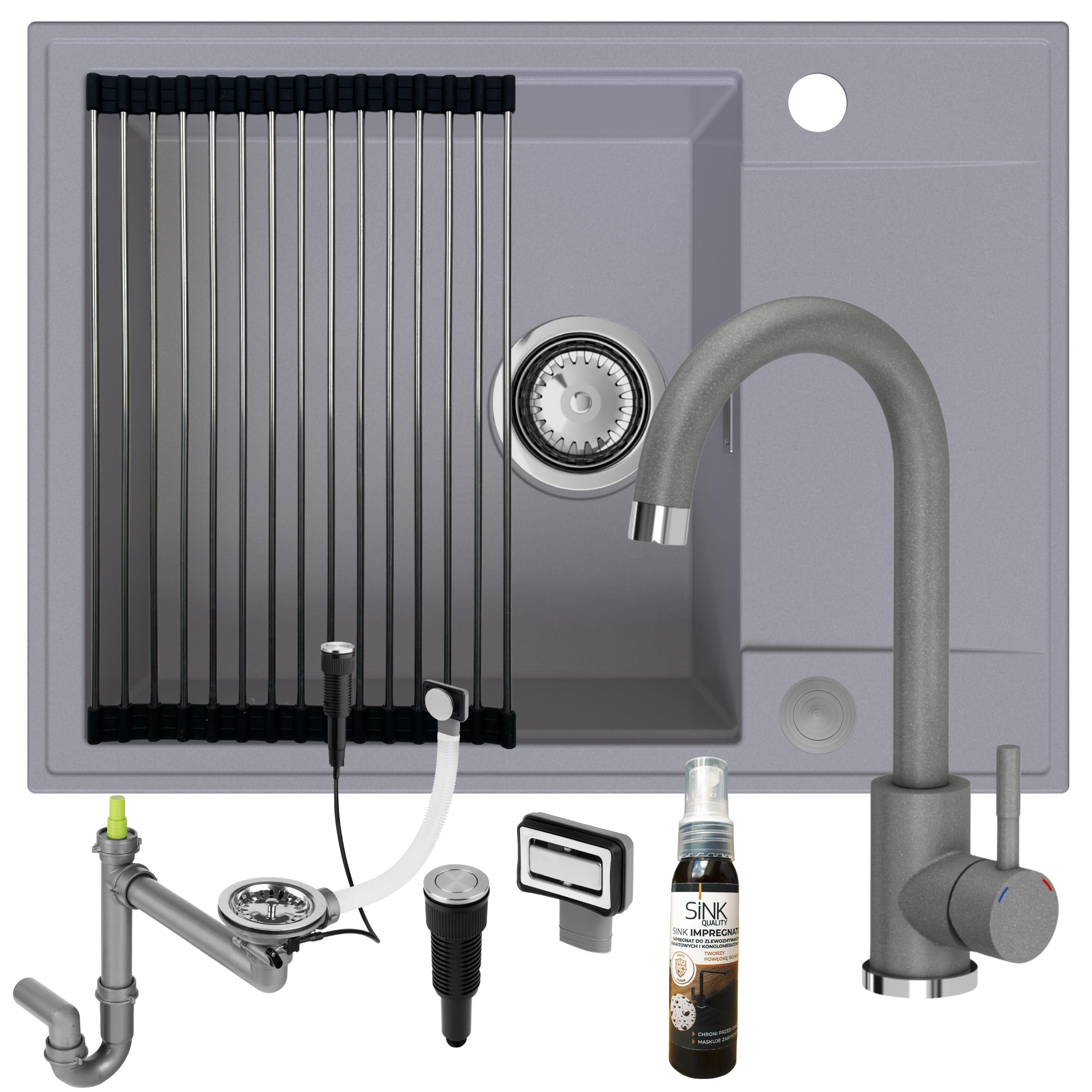 SINK QUALITY zlewozmywak szary z zestawem armatury 62x46 cm - Zlewozmywak z kranem, syfon PUSH, ociekacz, środek impregnujący - Kompletny zestaw zlewozmywaka kuchennego do szafki dolnej 55