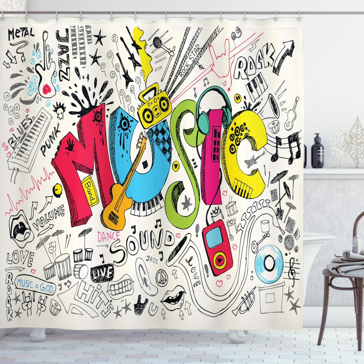 Ambesonne Music Shower Curtain, Pop Art Featured Doodle Style Musical Background Instruments Sound Art Illustration, Cloth Fabric Bathroom Decor Set with Hooks, 69" W x 75" L, Multicolor