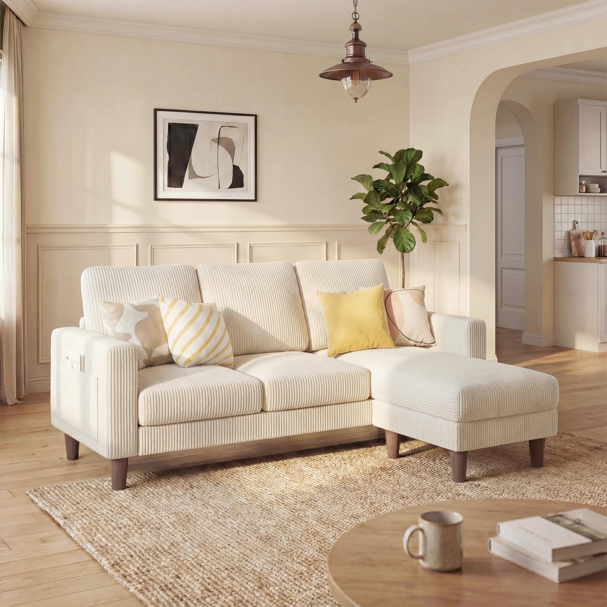 Photo 1 of *** PARTIAL SET***Homall 3 Seat Couch L Shape Sofa with Side Storage Pockage, Sectional Couches with Reversible Ottoma, Upholstered Sofa for Living Room and Small Spaces (Corduroy, Cream)