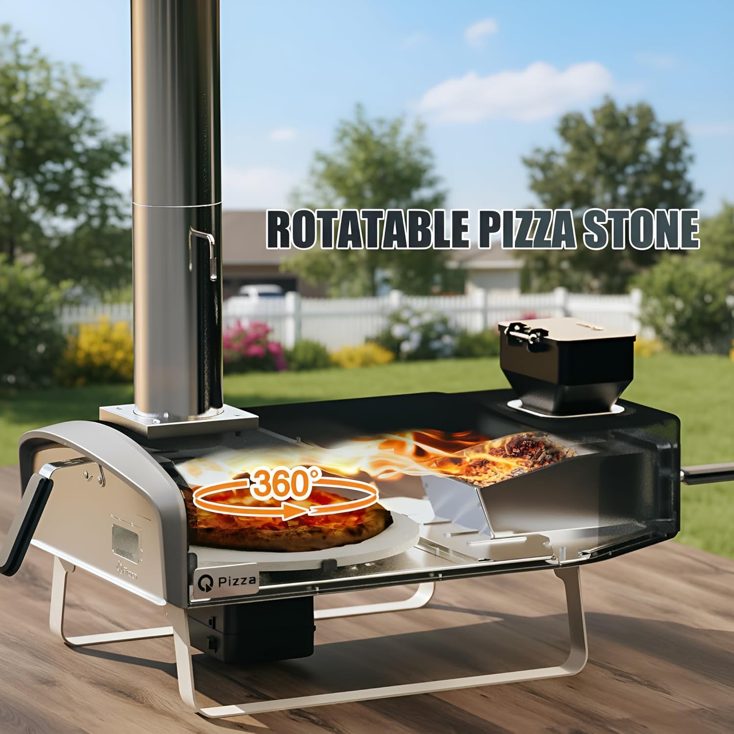 Q Pizza Wood Pellet Pizza Oven with Rotatable Stone, Portable Pellet Pizza Oven with Chimney and Door, Outdoor Pizza Stove for Backyard, Camping, Picnicking, RV, Tailgating, PS106