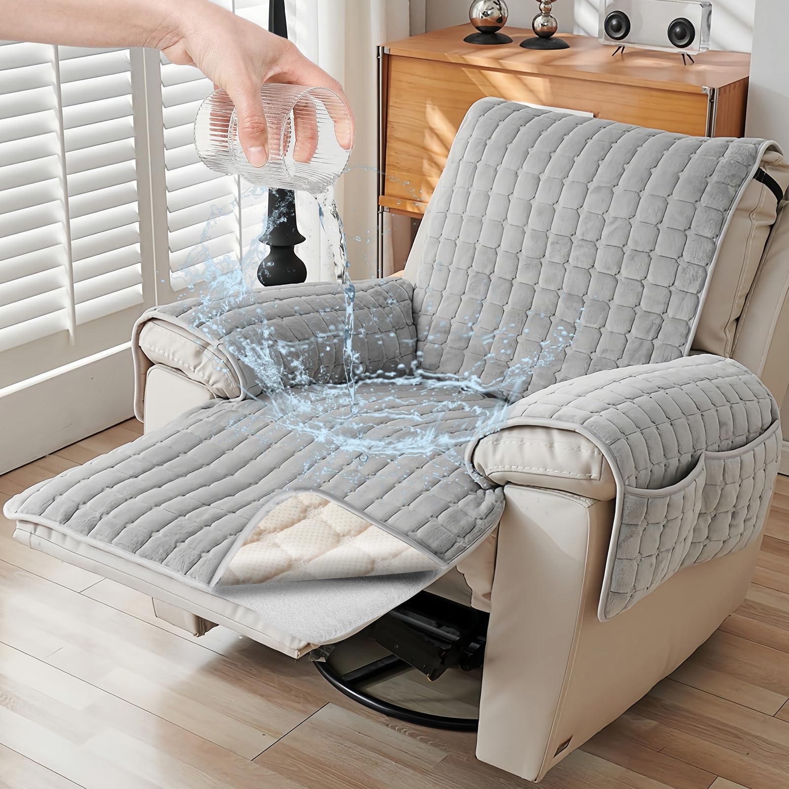 Sesselschoner Für Relaxsessel Grau - 53x190 Cm Mit 4 Taschen & Rutschfester Unterseite