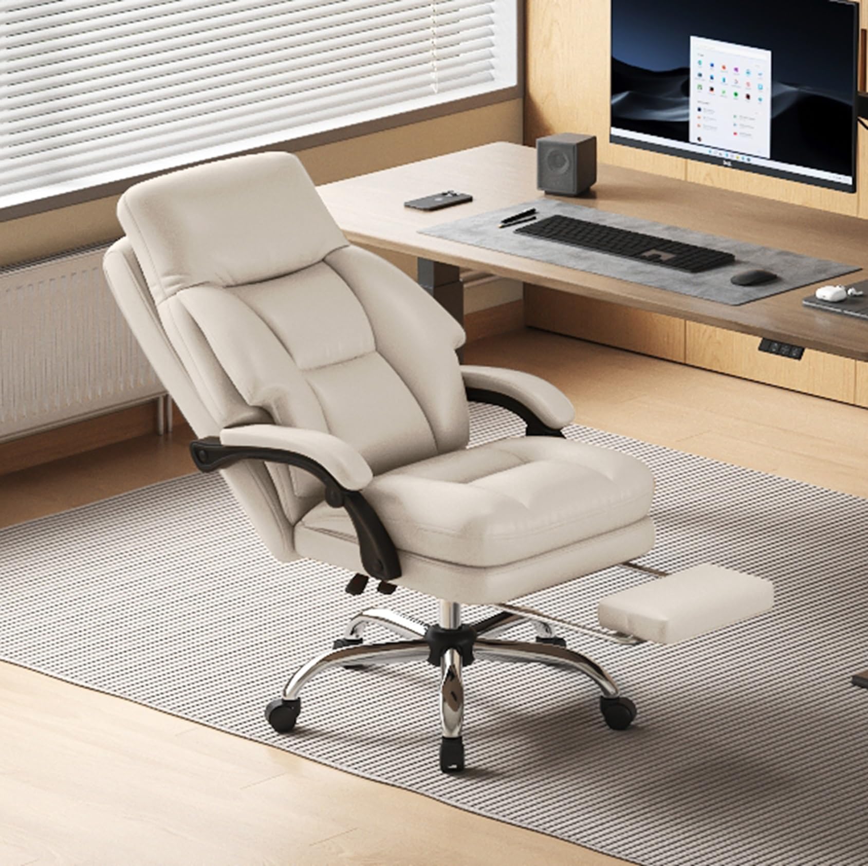 Home Office Desk Chair, 90°-160° Reclining, High Back Executive OfficeChair 400LBS with Footrest, Ergonomic Scratch-Resistant Faux Leather Computer Gaming Chair with Lumbar Support, White