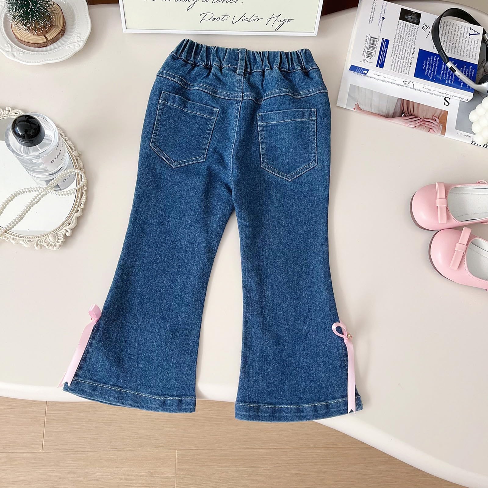 Toddler Girls Flare Jeans Denim Pants Elastic Waisted Trousers Casual Bell Bottom Pants with Pockets (Blue, 5-6 Years)
