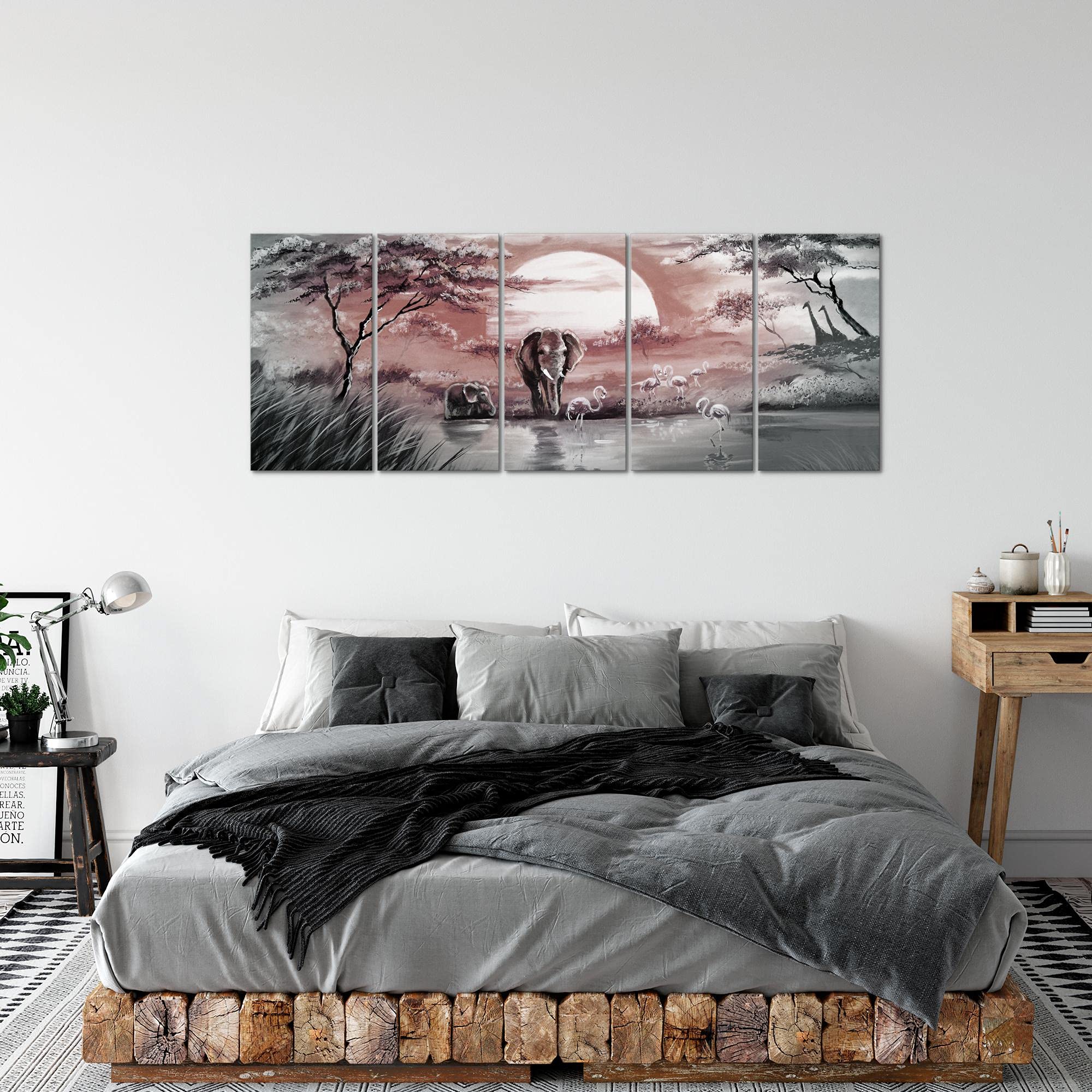 Runa Art Murali XXL Africa Elefante 200 x 80 cm Rosa Grigio 5 Pezzi - Made in Germany - 001155c