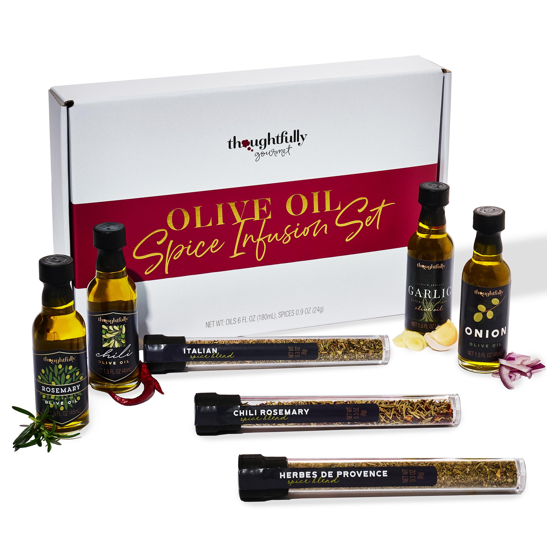 Thoughtfully Gourmet, Olive Oil Spice Infusion Gift Set, Premium Cold Pressed Extra-Virgin Olive Oil from Spain, Includes 4 Flavored Olive Oils and 3 Flavorful Spice Infusion Blends, Set of 7