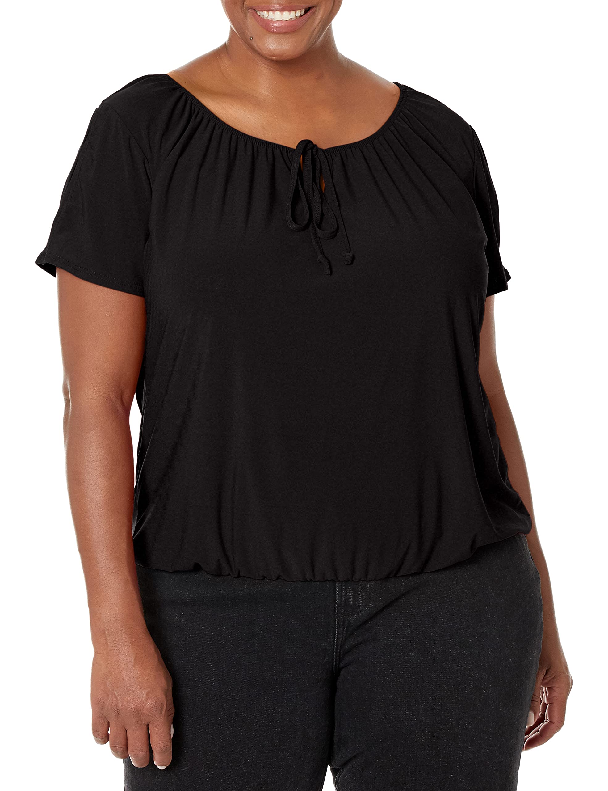 Star Vixen Women's Short/Slit Sleeve Keyhole-Tie Peasant Top Bubble Hem Blouse, Black Solid, Small