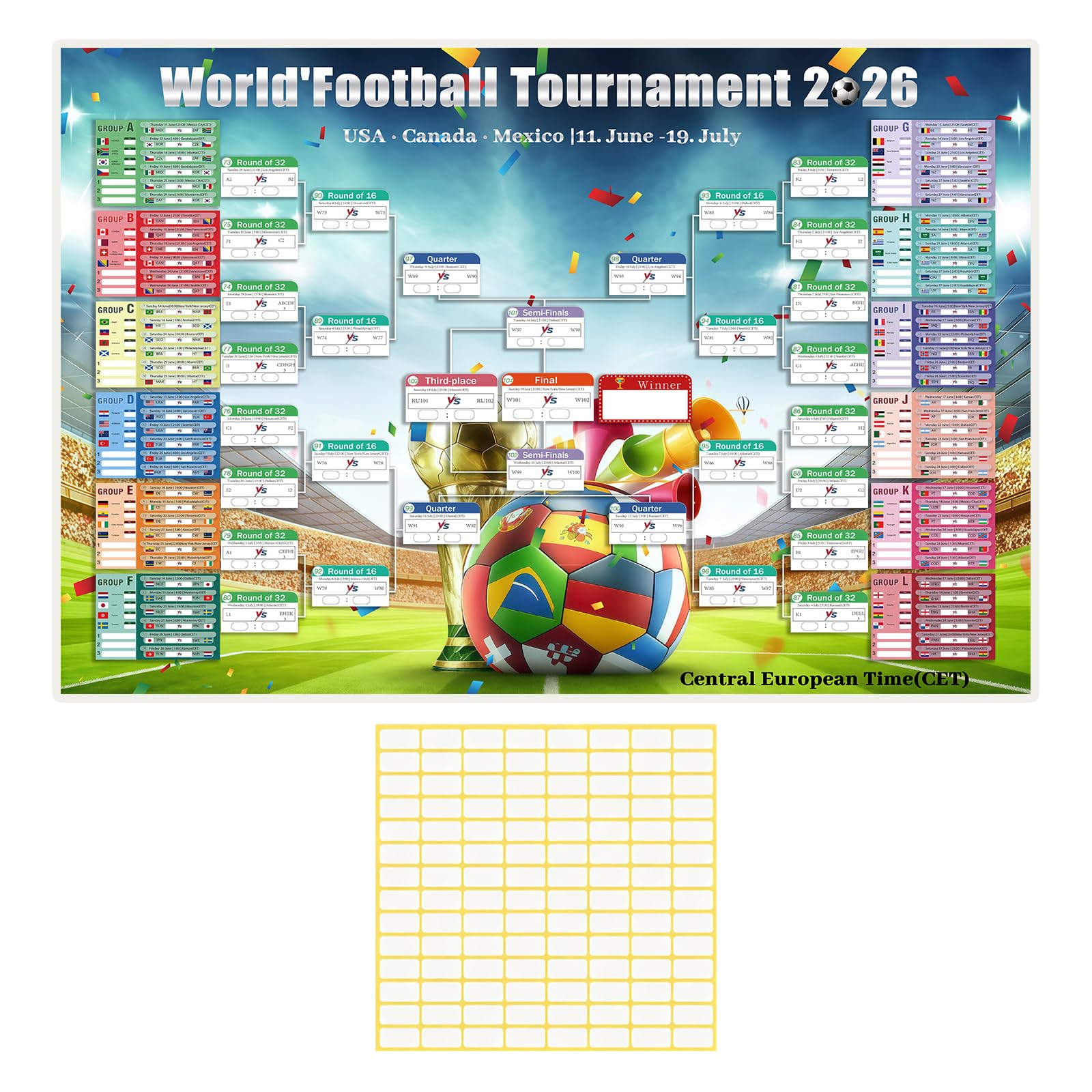 Poster Calendrier Coupe du Monde 2026, (95 x 75 cm) Calendrier 2026 Affiche de La Coupe du Monde, Poster Coupe monde 2026 Football Match Decoration (95 x 75CM)