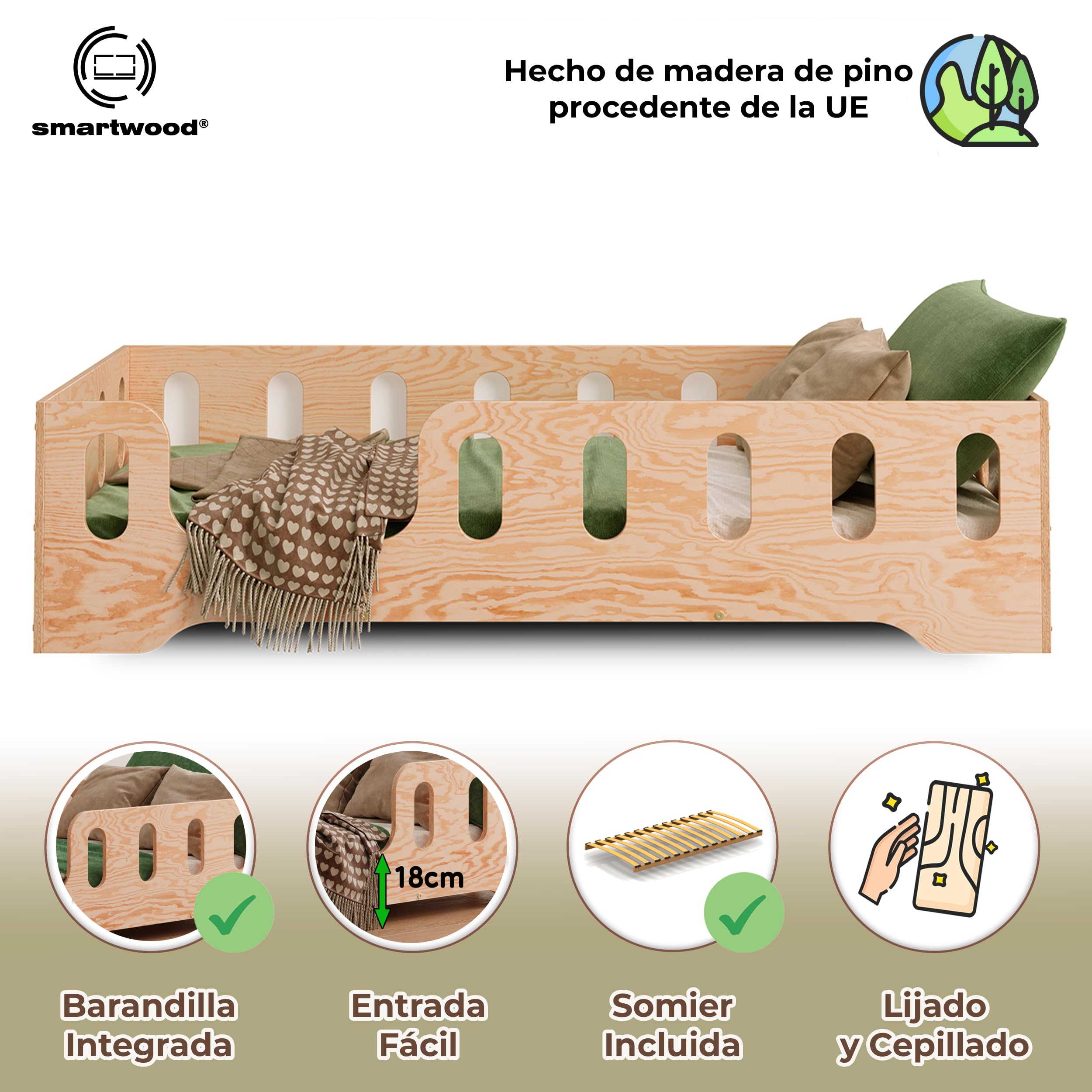 smartwood Cama Infantil 90x190 cm - Cama Montessori de Madera Certificada FSC, con Barandilla de Protección y Somier hasta 230 kg - para Niño y Niña - Montaje Fácil - TILA 2L