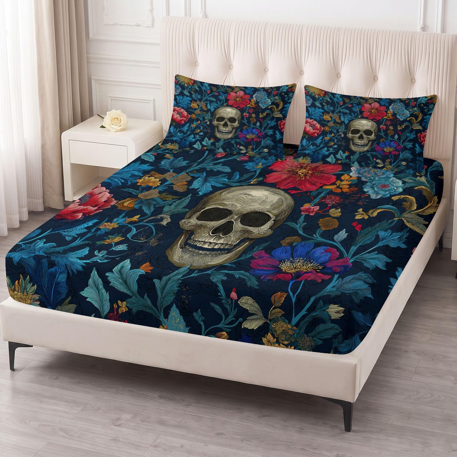 Juego de sábanas bajeras ajustables de 3 piezas, 140 x 200 cm, diseño de calavera, de microfibra, color azul gótico, suave y agradable a la piel, transpirable, hipoalergénica, para colchones de hasta