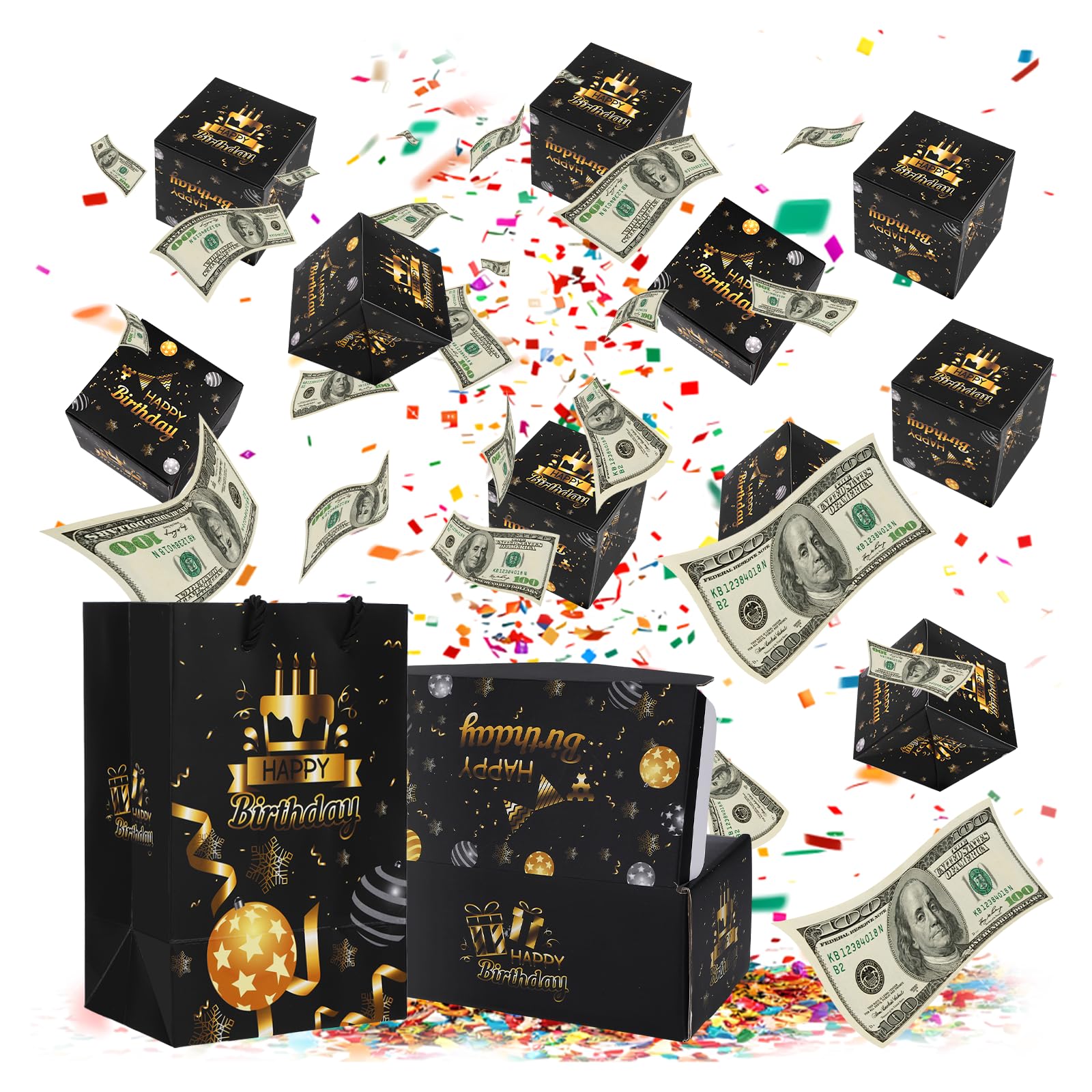 Explosion Gifts Box for Presents, Birthday Money Box Gifts Pull, Black Gold Explosion Mystery Boxes, Surprise for Friends, Family, Colleagues, Classmates, Partners (Birthday)