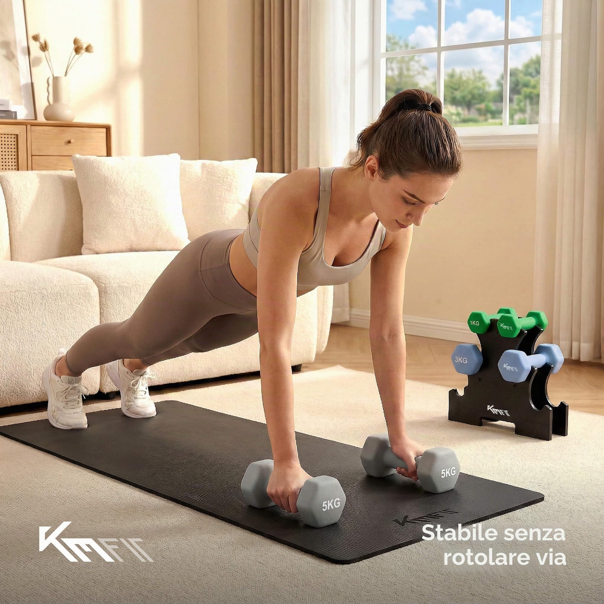 KM-Fit Set manubri 18 kg con supporto | Manubri in neoprene 1–5 kg | Impugnatura ergonomica in ghisa antiscivolo | Antirotolamento | Fitness & allenamento forza a casa
