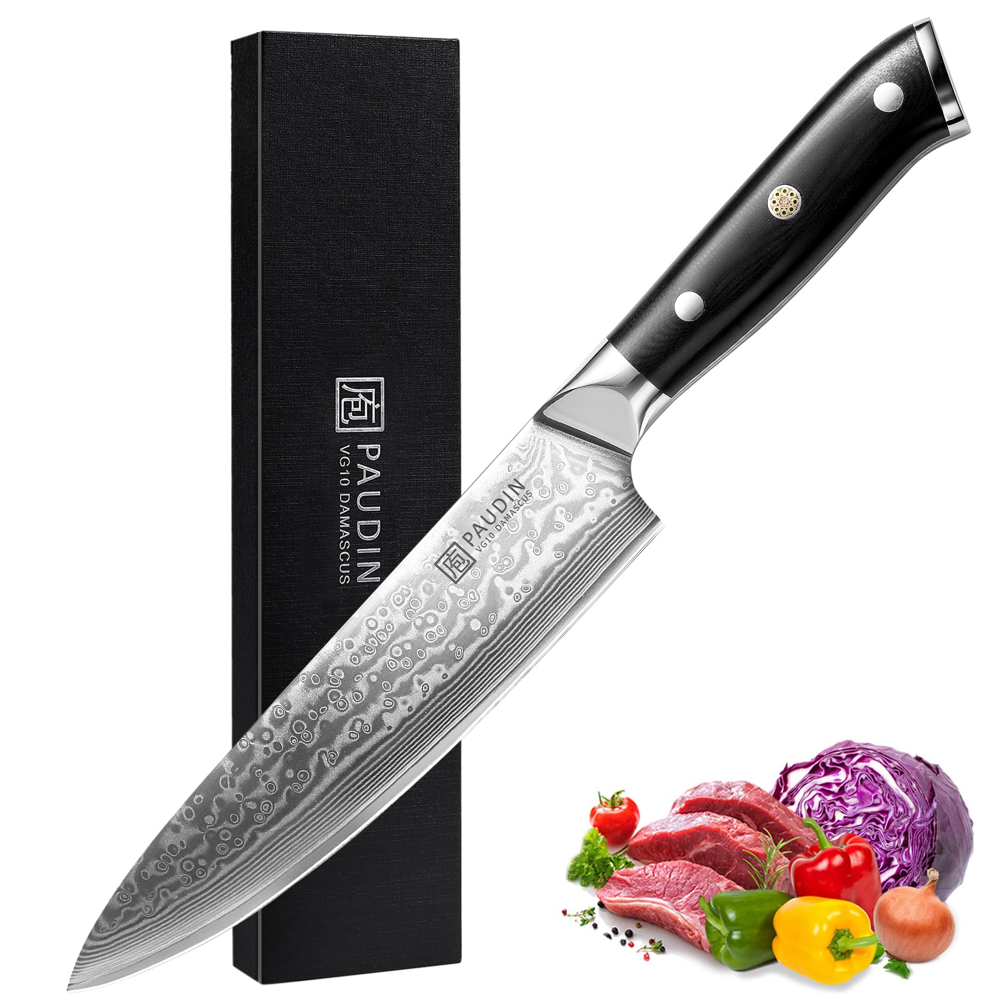 PAUDIN Damascus Chef Knife, 8 Inch Kitchen Knife, 67 Layers Damascus Steel Knife Japanese VG10 Core, Professional Chefs Knife with Ergonomic G10 Handle