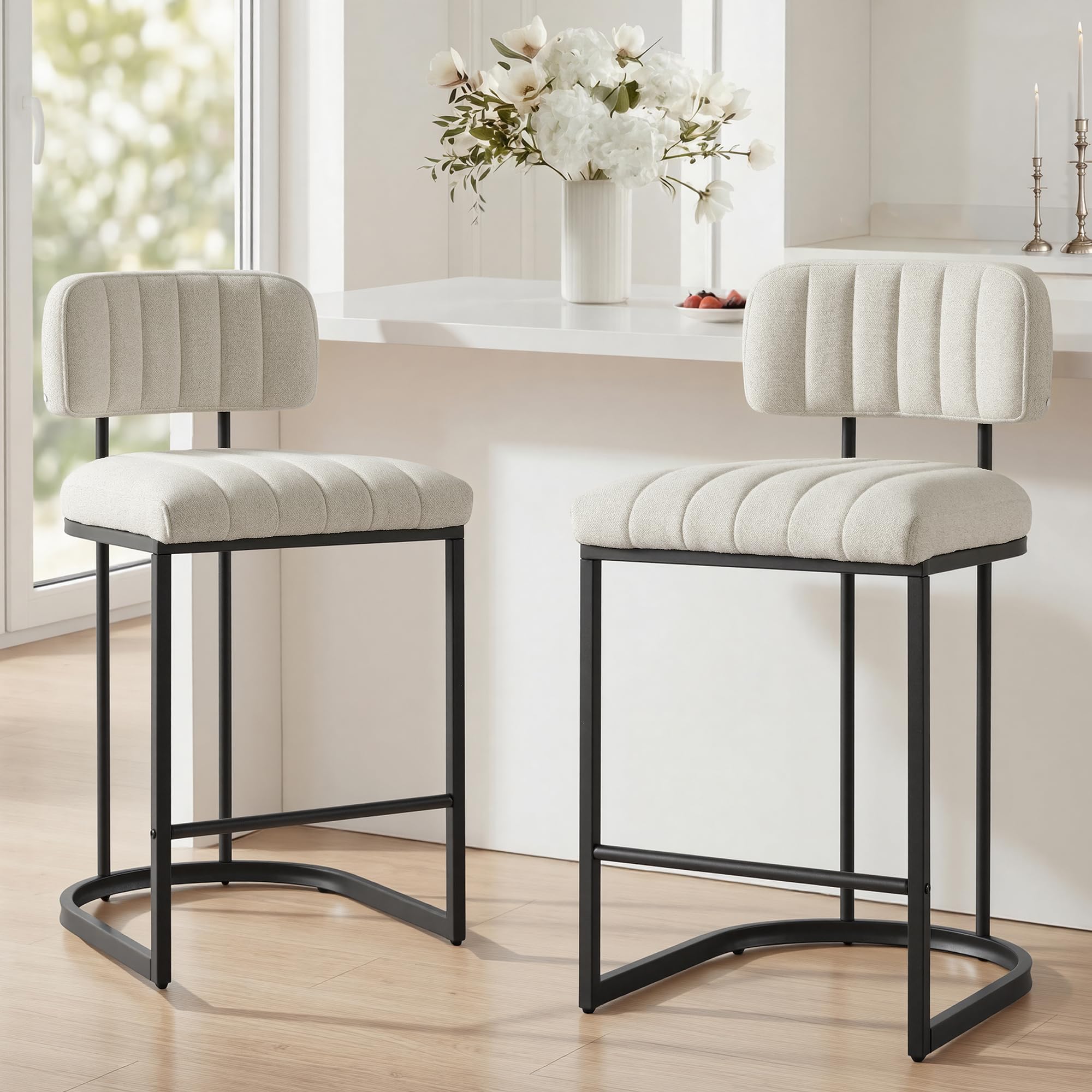 26" counter height bar stools set of 2, modern linen fabric upholstered kitchen island chairs with back, black metal frames, linen