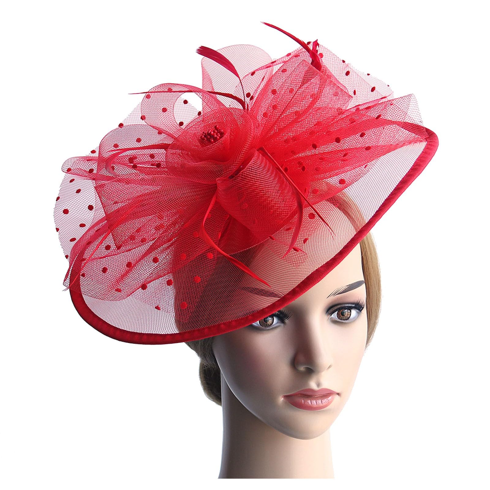 Fascinator Rosso Con Piume, Fiori E Velo - Cappello Retrò Con Fascia Regolabile - Elegante Accessorio Per Matrimoni, Cocktail, Feste E Derby