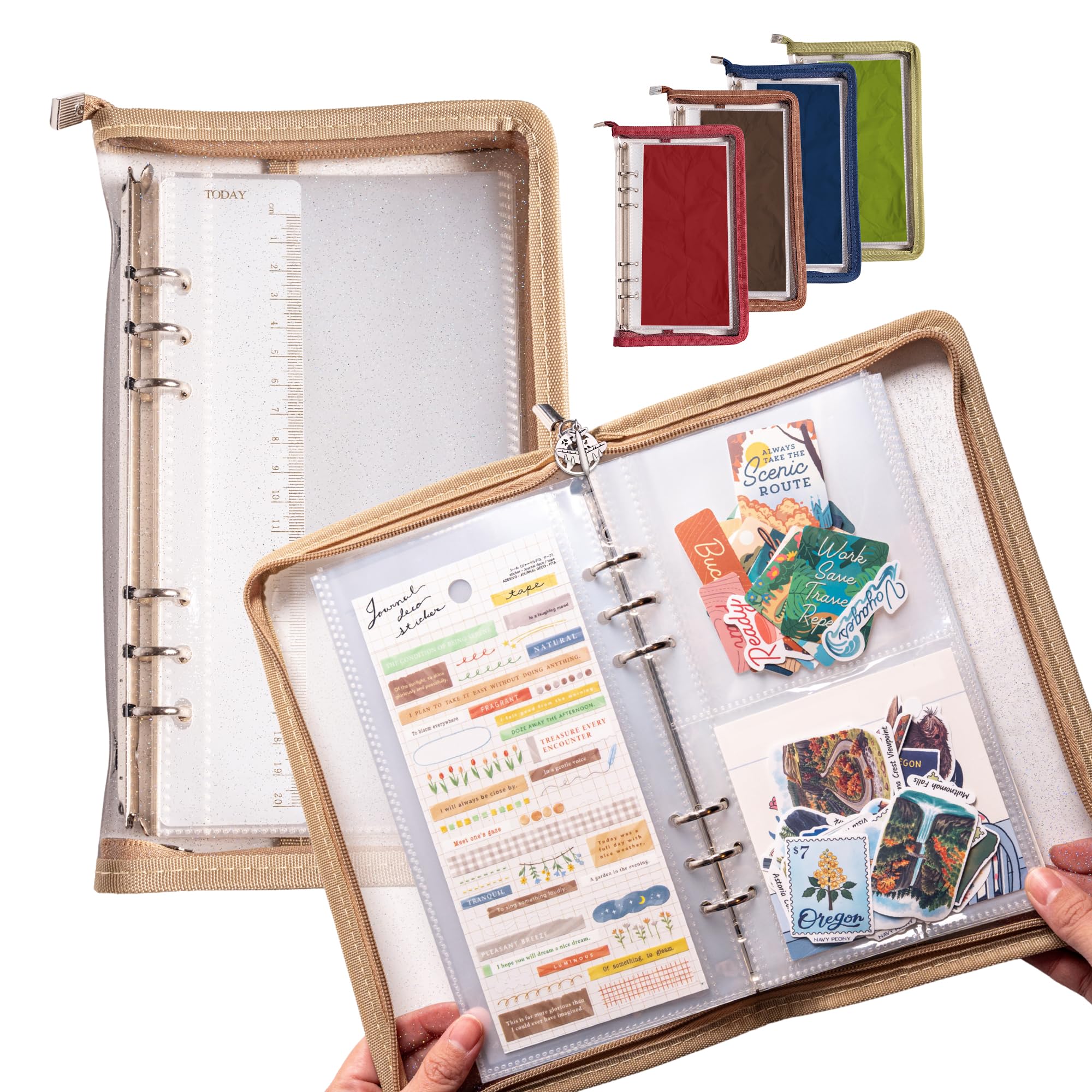 Navy Peony Wander Keeper Slim Stationery Binder (Serengeti Khaki) - A5 Slim Sleeves, Curated Travel Colours, Portable Zipped Organiser - for Stickers, Photo Cards
