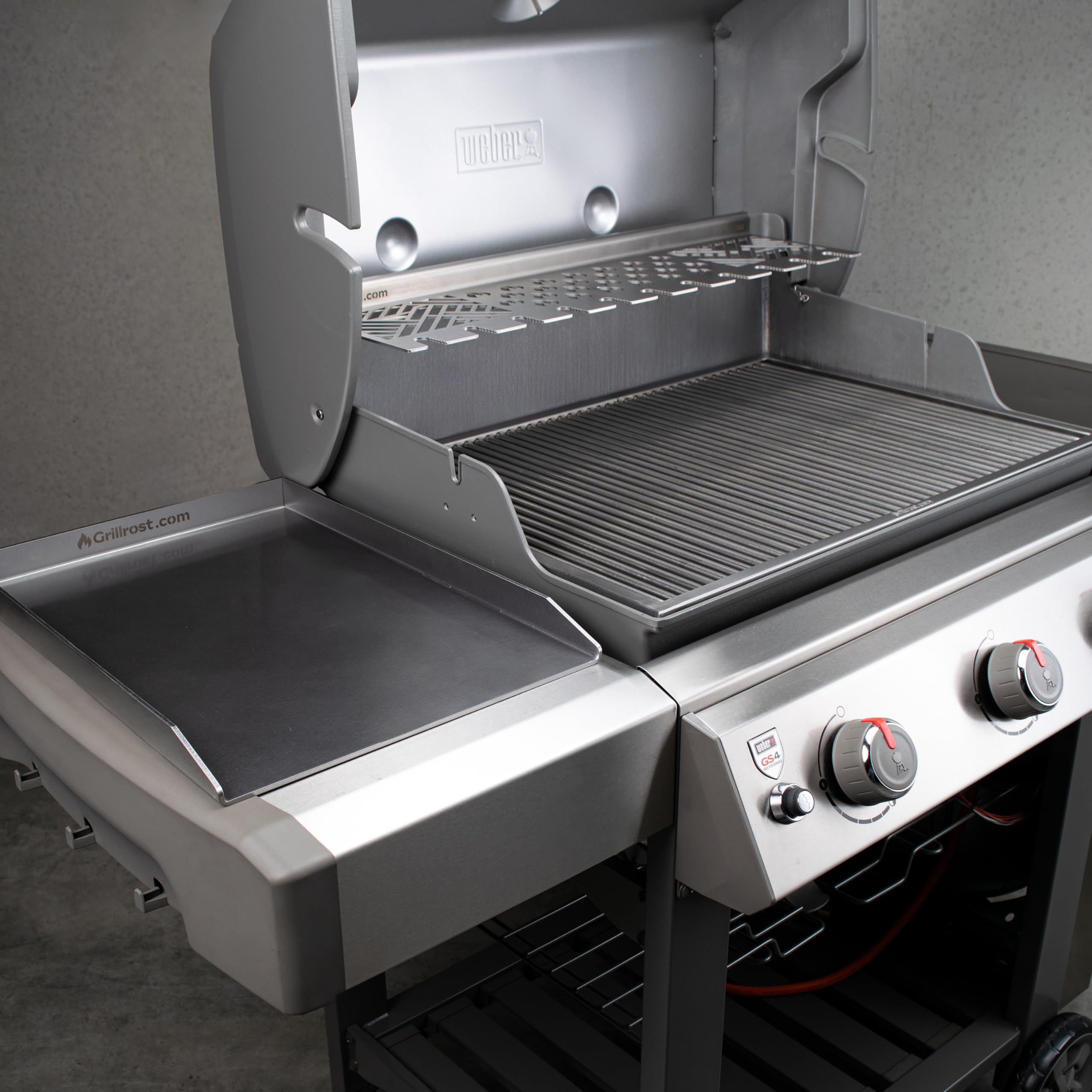 Grillrost.com Das Original Edelstahl Multistation | Warmhalterost für Weber Genesis II 300er Baureihe | mit Drumstick Halterung | extra tief