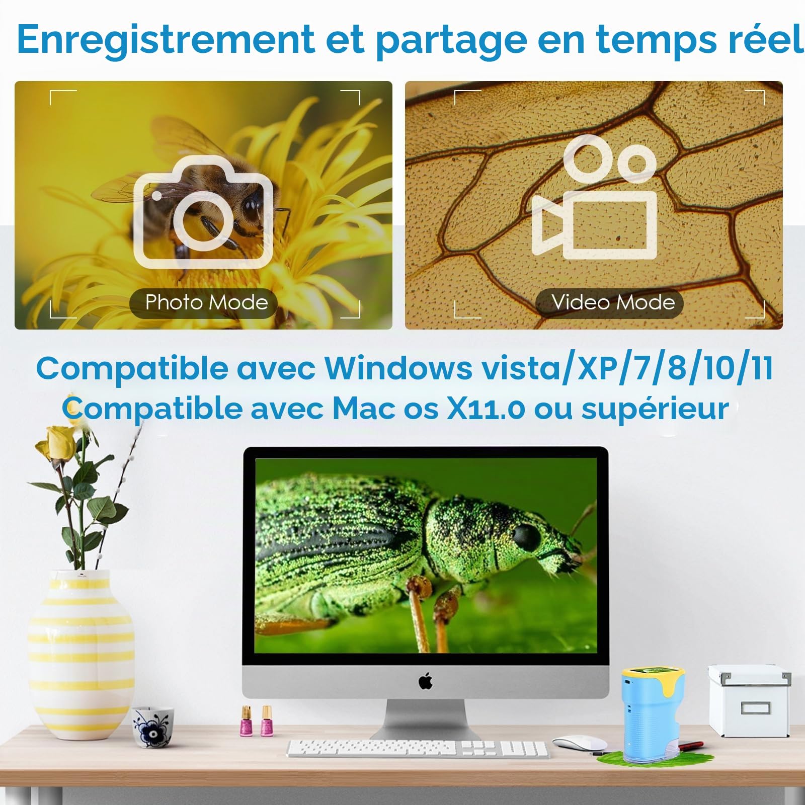 Microscope pour Enfants, Vankarr 1000X Mini Microscope numérique de Poche Portable avec Carte SD 32 Go, écran IPS 2 Pouces, échantillons, Cadeau pour Enfants et étudiants, Bleu