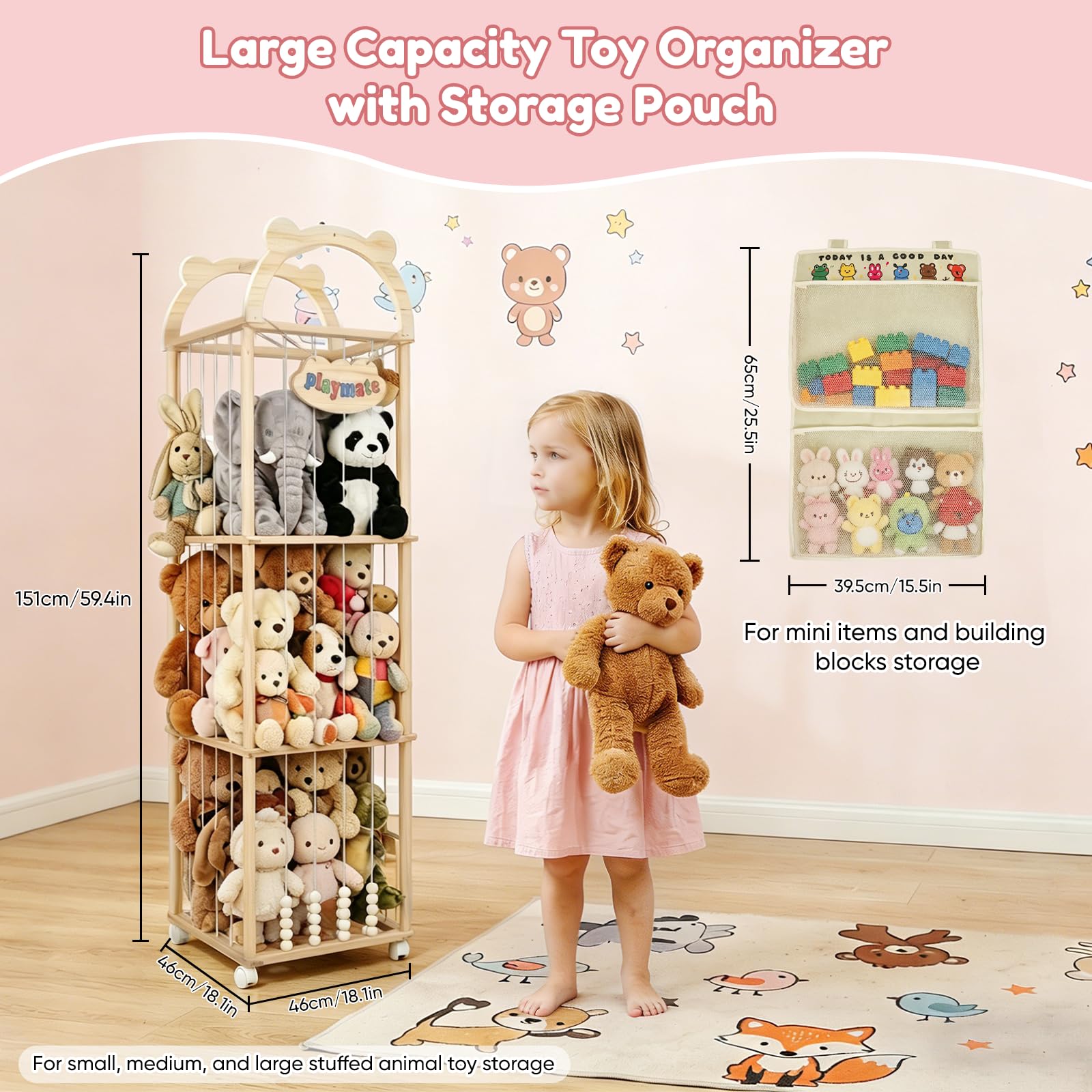 Contenitore per Peluche, 151x46x46CM Organizer per Peluchecon Ruote Girevoli a 360°, Porta Peluche per Cameretta dei Bambini, Soggiorno, Mobili per la Cameretta dei Bambini (Modello a Cupola)