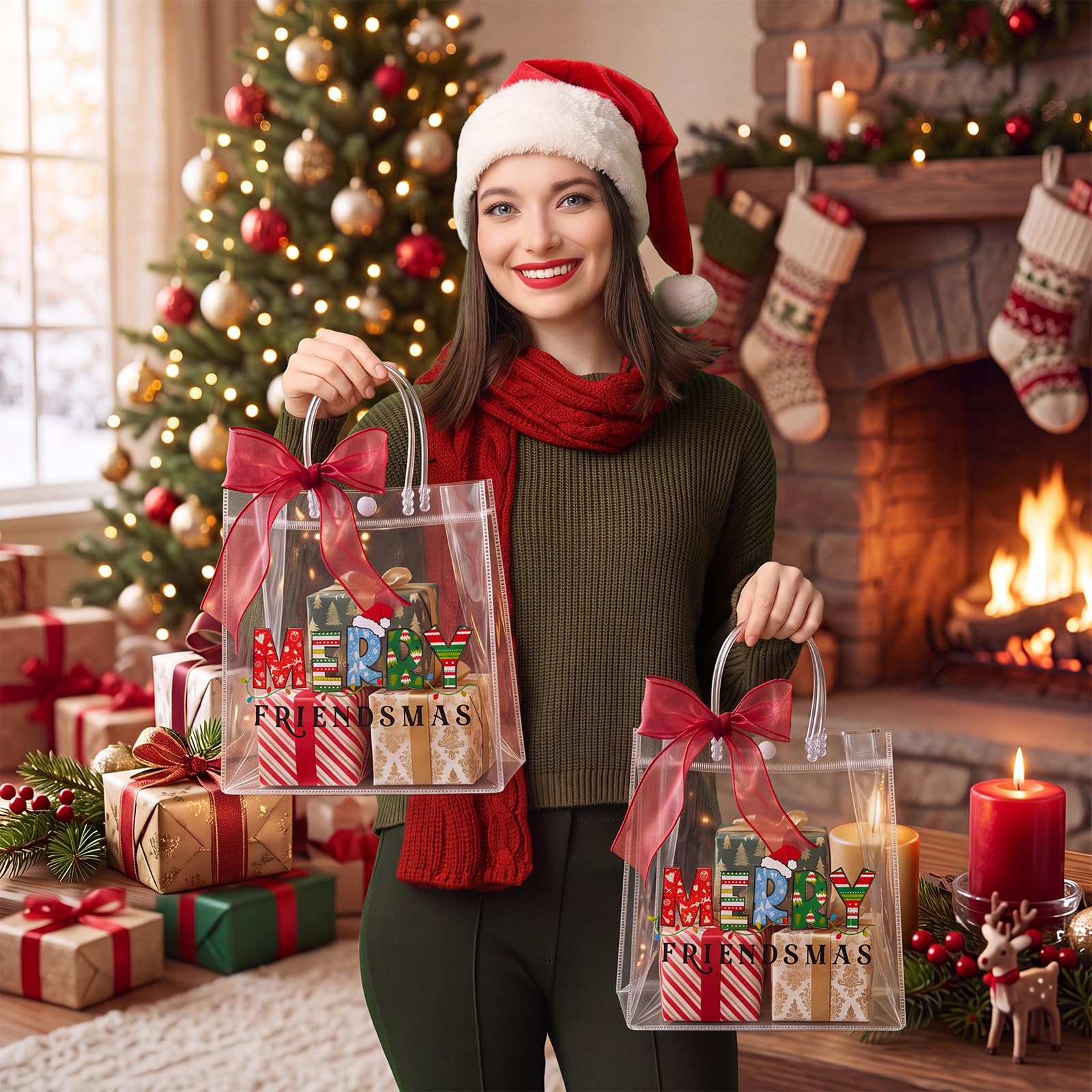 Cosblank 24 sacchetti regalo in PVC con scritta "Merry Friendsmas", trasparenti, con manico e rotolo di nastro, colore rosso e verde, per feste di compleanno