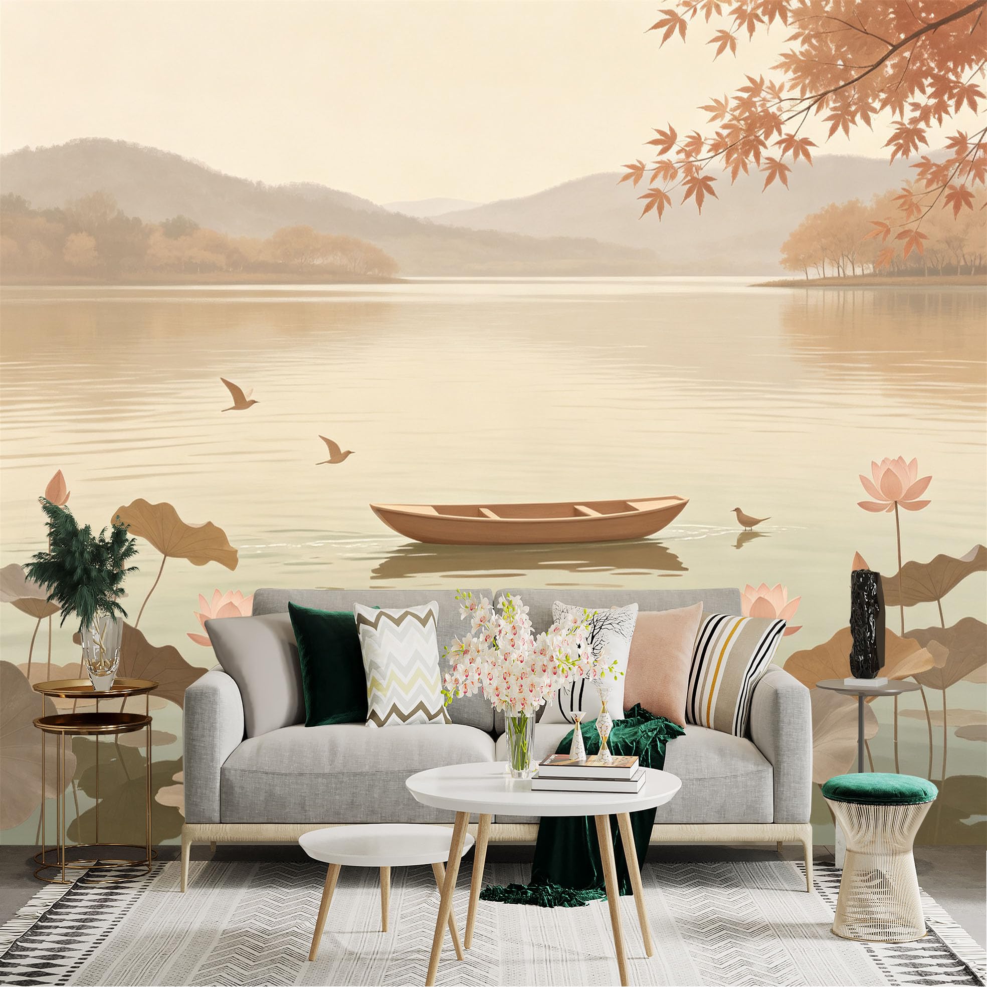 Custom Size Wall Sticker Mural， Serene Lake with Wooden Boat， Lotus Flowers， Autumn Maple Leaves， Flying Birds， for wall Decoration， peelandstick wall Decals.
