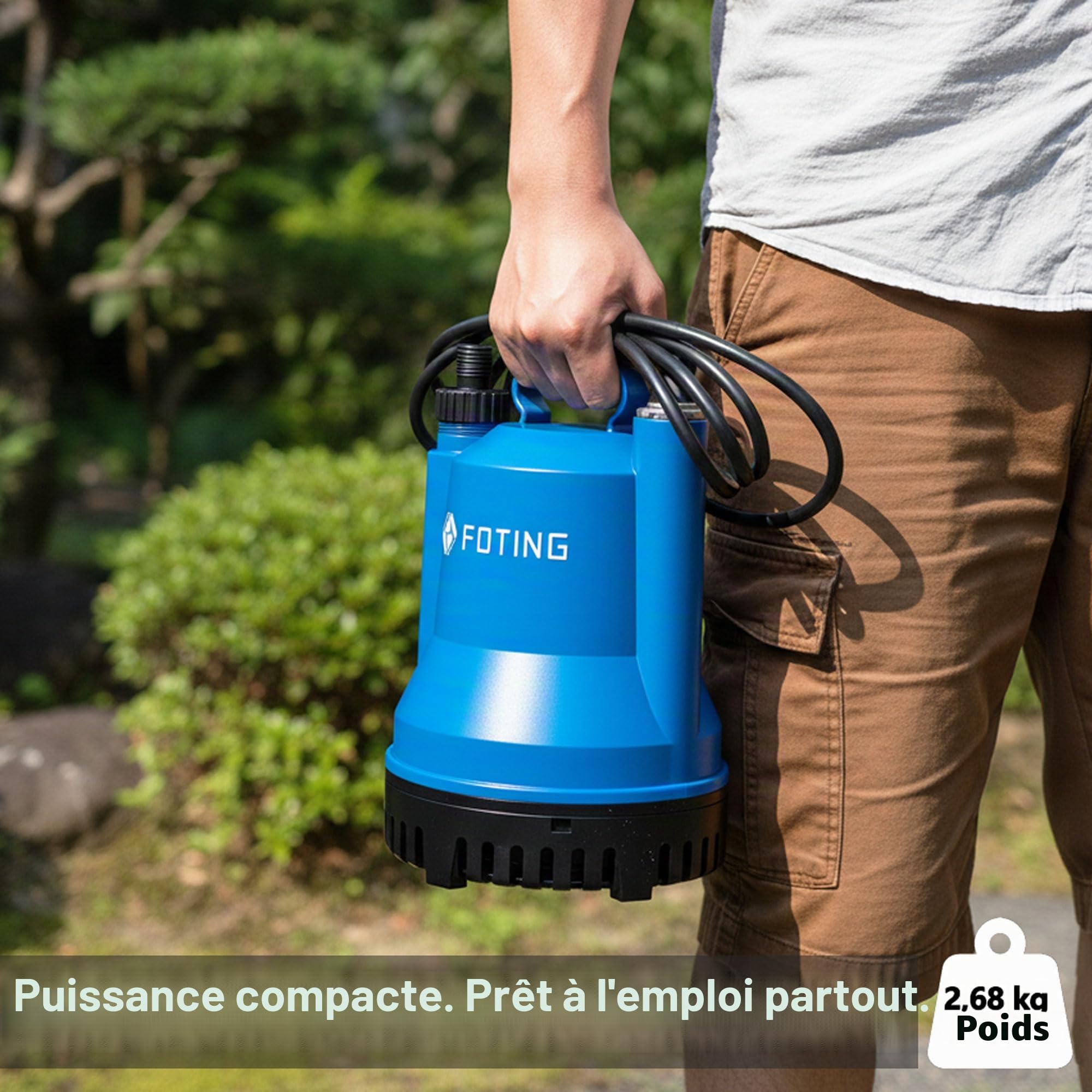 FOTING Pompe d’évacuation, Moteur 200W, Débit 4 000 L/h, Hauteur de refoulement max : 5 m, Profondeur d’immersion max : 7 m, Taille particules max : 5 mm