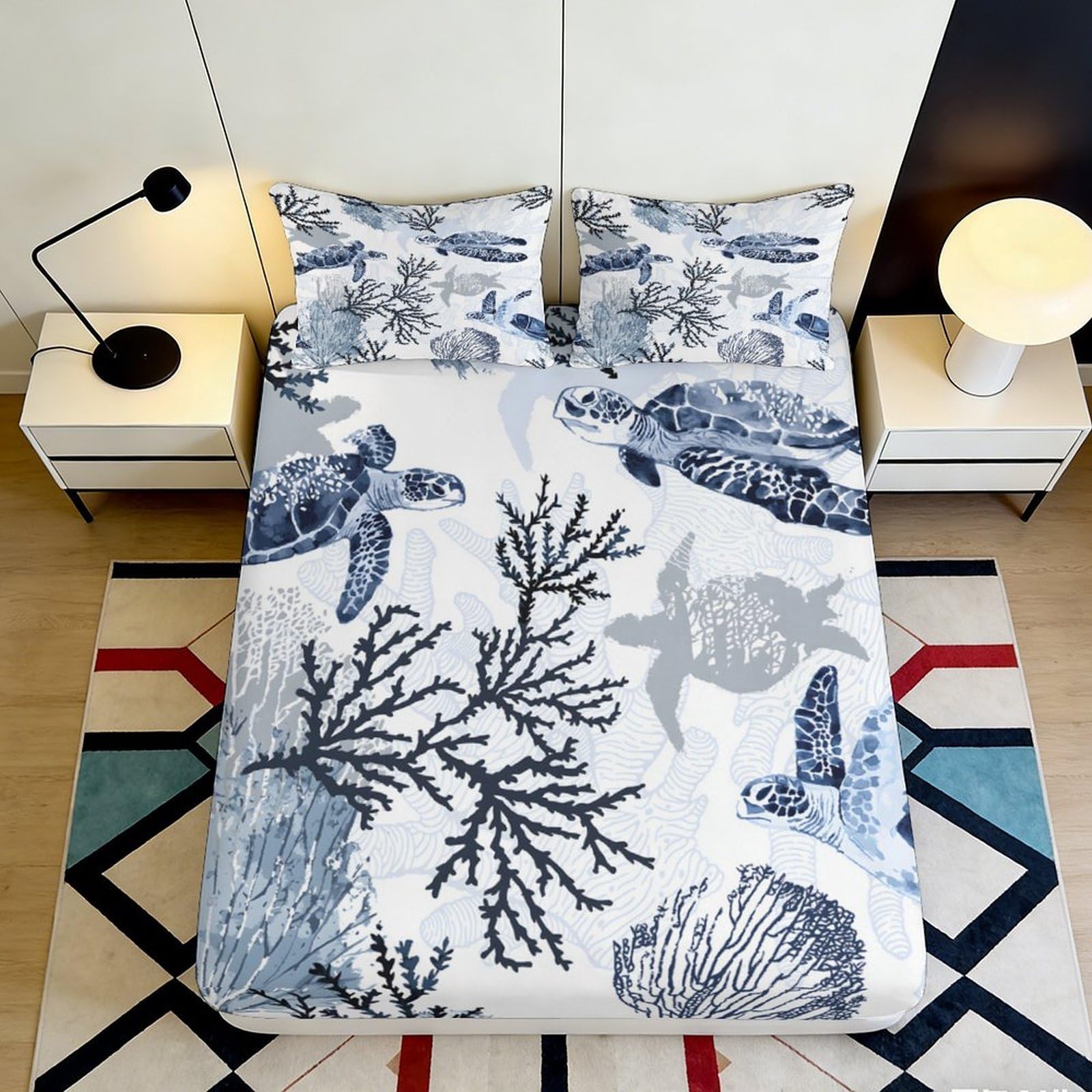 3D Printed Sea Turtle Coral Fitted Sheet Microfiber Soft Mattress Cover Ocean Decor for Bedroom Guest Room 90x200x25cm