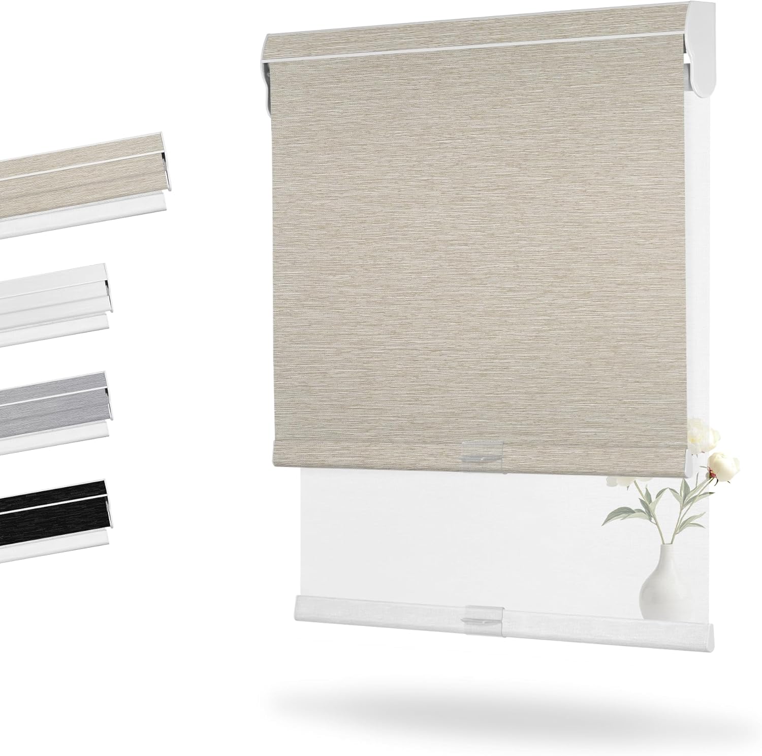 Boolegon Dual Roller Shades, Cordless Double Window Shades Blackout and Light Filtering Shades with Valance, Day and Night Roller Blinds for Home Office Door, Jacquard Beige & White, Custom Size