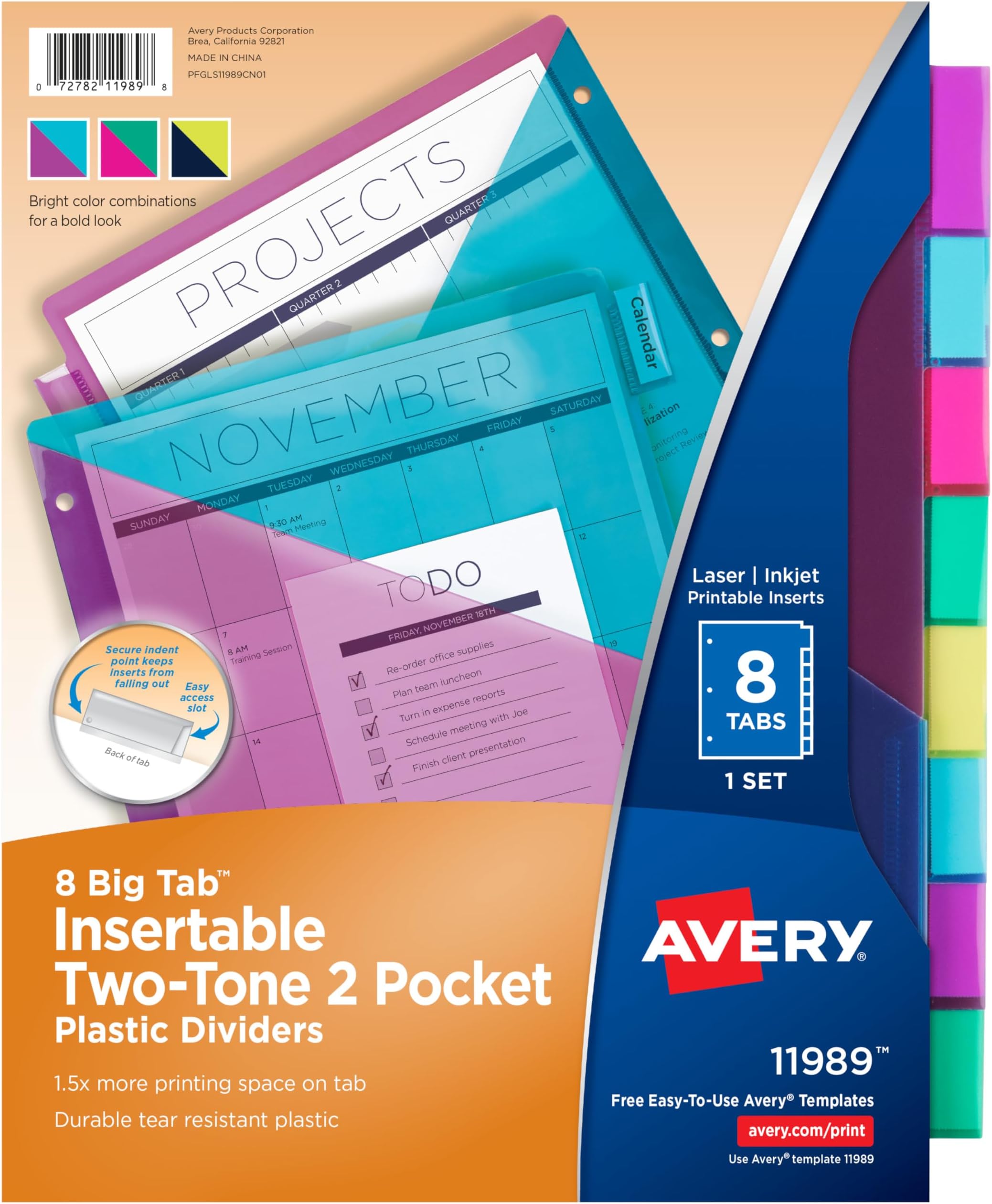 Avery Big Tab Insertable Plastic 2 Pocket Dividers for 3 Ring Binders, 8 Tab Set, Bright Two-Tone Multicolor, Works with Sheet Protectors, 1 Set (11989)