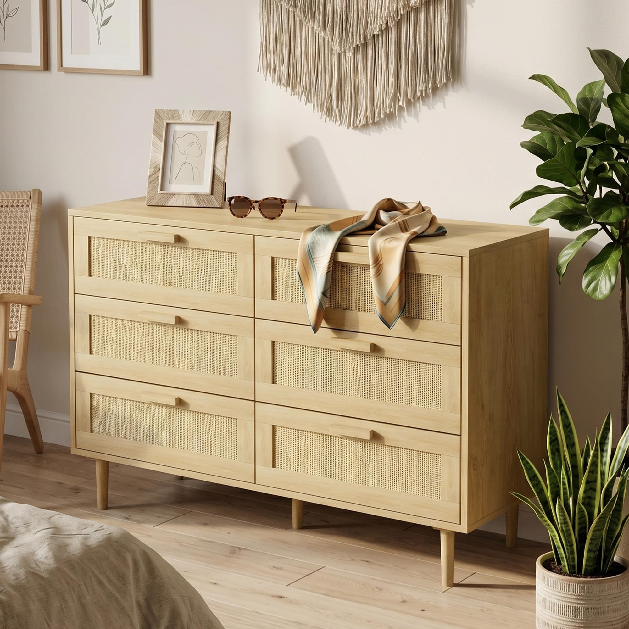HOMCOM Cómoda 6 Cajones con Frontal de Ratán Dormitorio 110x40x75 cm Roble | Patas de Madera, Cajonera para Salón, Oficina, Estilo Bohemio