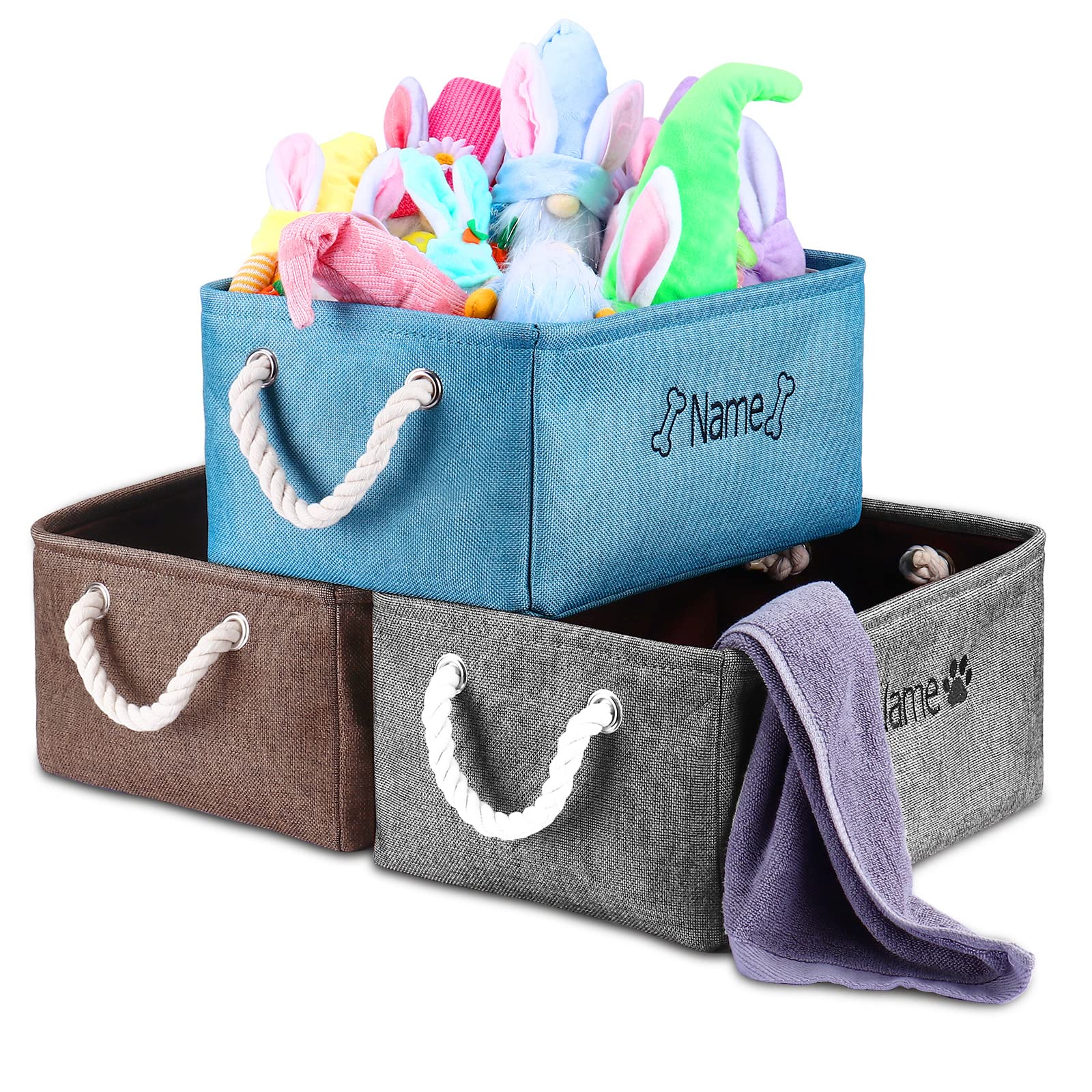 NGTSFLY Dog Toy Storage Basket/Bin with Personalized Embroidered Pet Name - Collapsible Pet Storage Bins Rectangle Organizer Basket for Dog Toys, Clothing, Blankets, Food & Accessories (large, Linen)