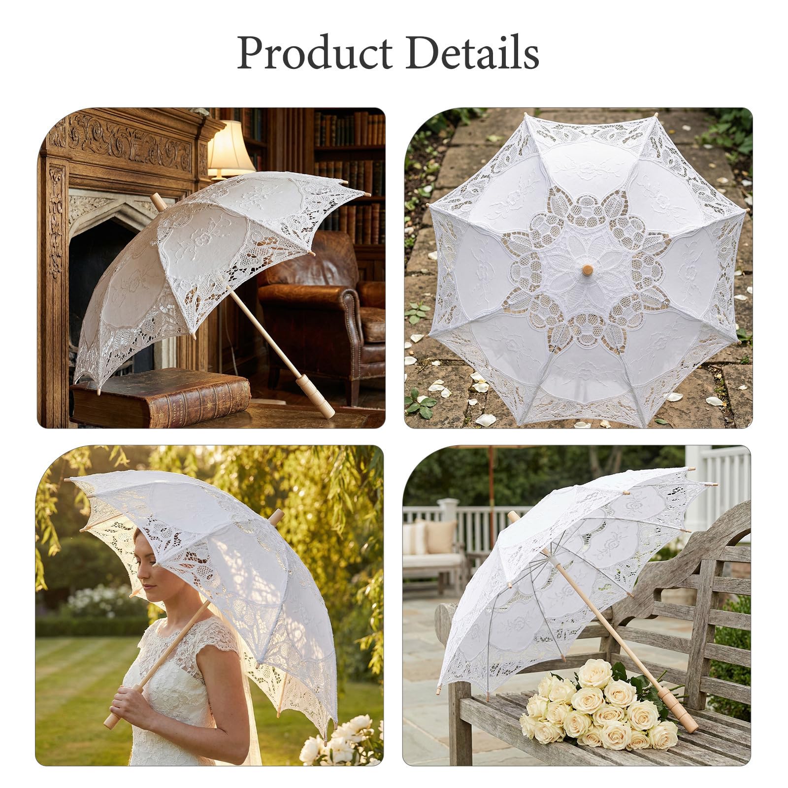 Housoutil Eleganter Komfortabel Weißer Spitze aus Hochzeitsspitzenschirm Holzgriff 4 Stück Fotorequisite und Damen für Hochzeiten und Fotoshootings