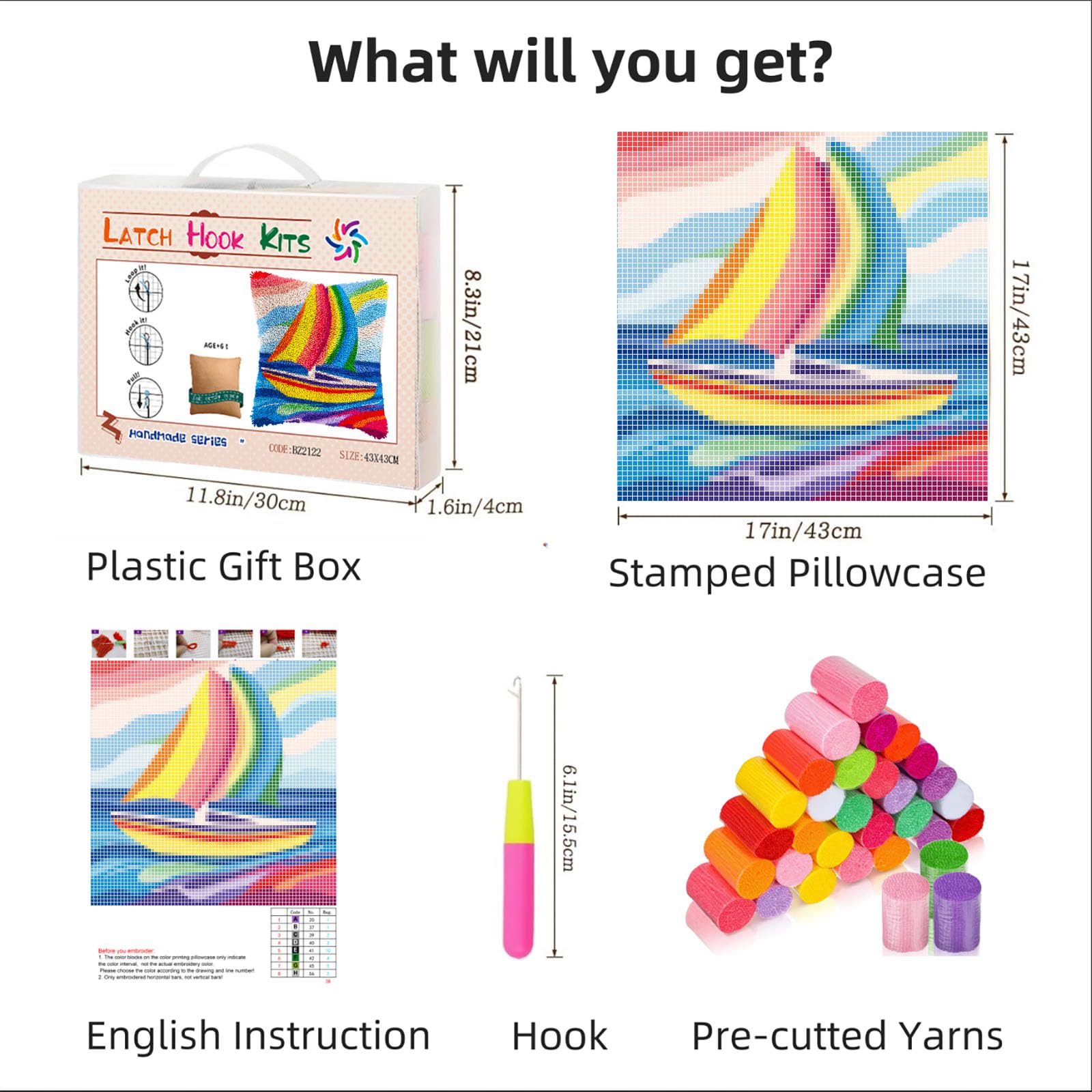 DIY Latch Hook Pillow Kits for Adults Rainbow Sailboat Printed Pillowcase Crochet Yarns Hooking Handmade Pillow Cover Cushion for Home Sofa Decoration 17x17inch-1