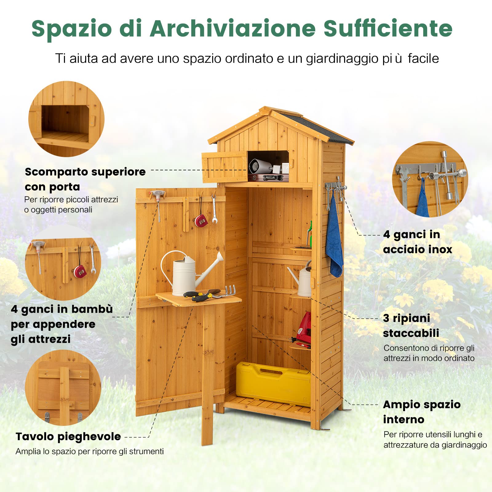 COSTWAY Armadio da Esterno in Legno Capanno da Giardino con Serratura Tavolo Pieghevole Tetto Impermeabile