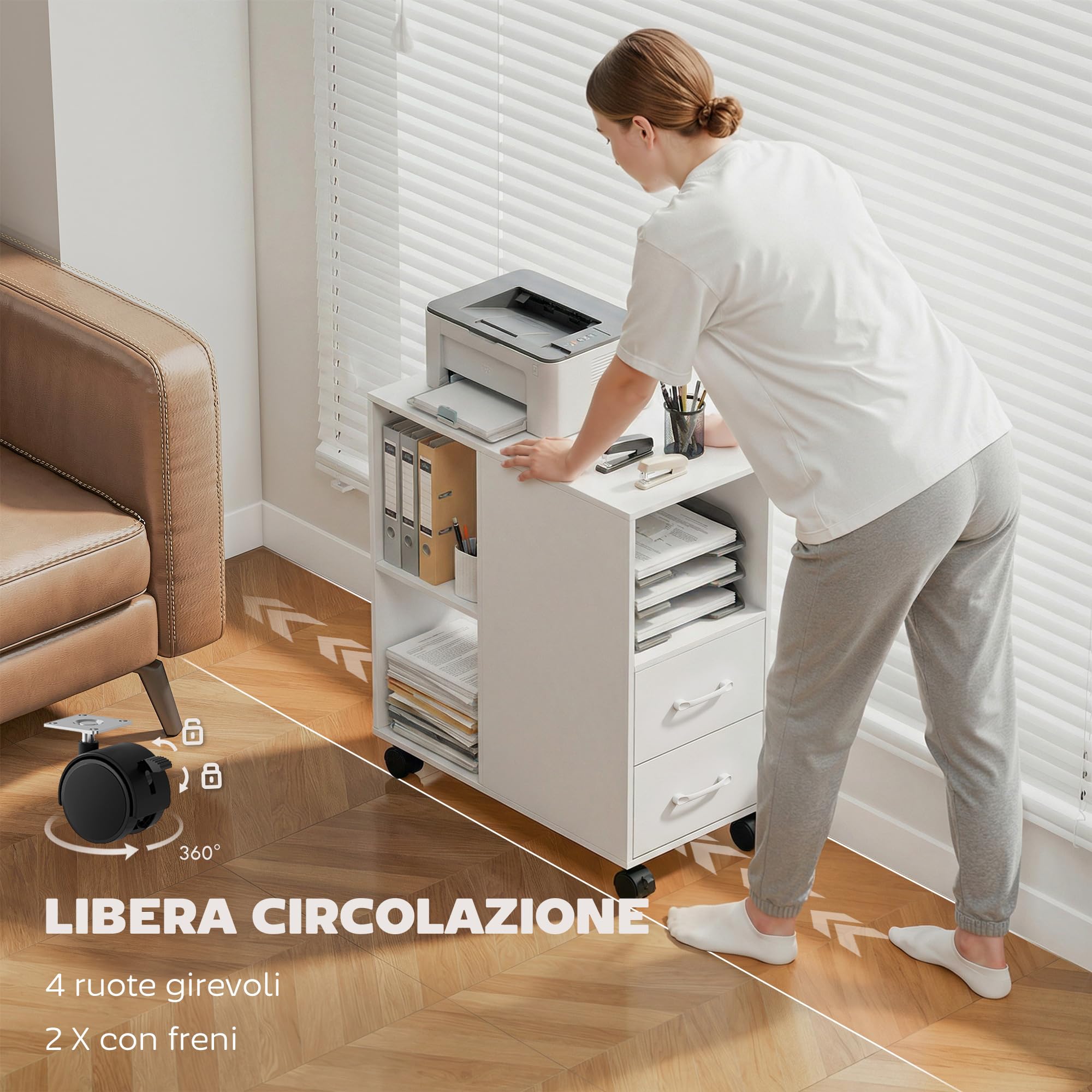 HOMCOM Mobile Porta Stampante a Rotelle con 2 Cassetti, Vano Aperto e Ripiano Regolabile, Mobile Stampante per Documenti da Ufficio e Studio, 60x30x65 cm, Bianco