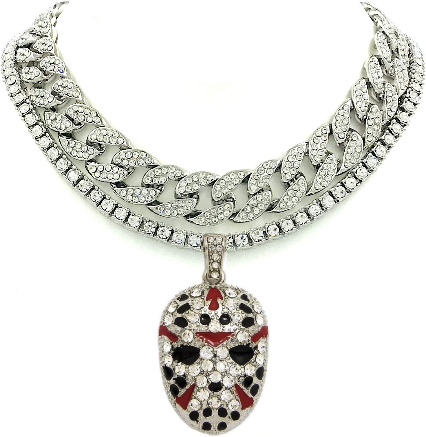 Shiny Jewelers USAMens Iced Out Rapper Mask Hip Hop Pendant 1 Row CZ Tennis Miami Cuban Link Chain Necklace